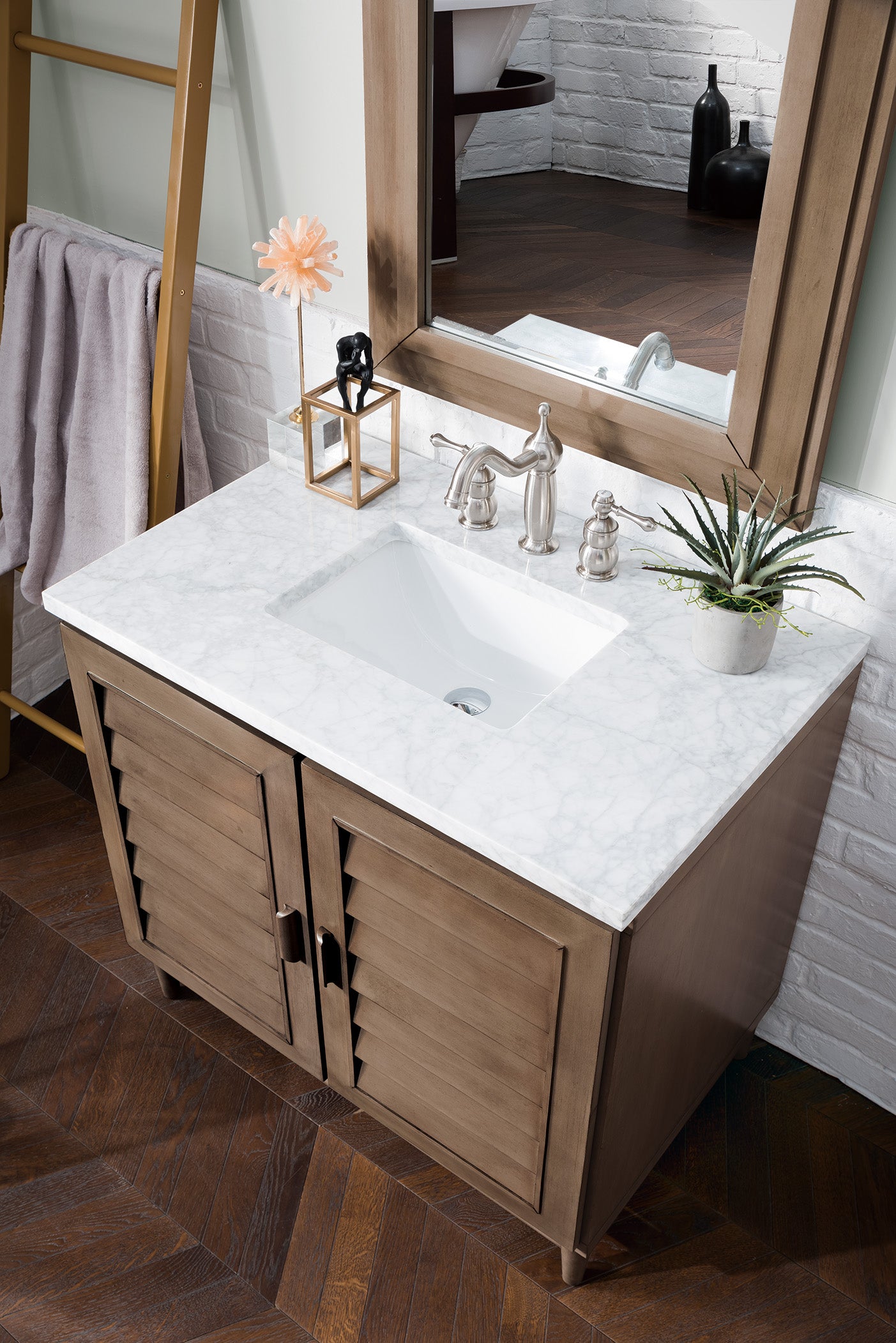 Renovate for Less Atlanta Portland 36" Single Vanity Whitewashed Walnut w/ 3 CM Carrara Marble Top