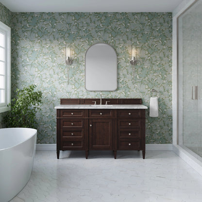 Brittany 60" Single Vanity, Burnished Mahogany w/ 3 CM Carrara Marble Top