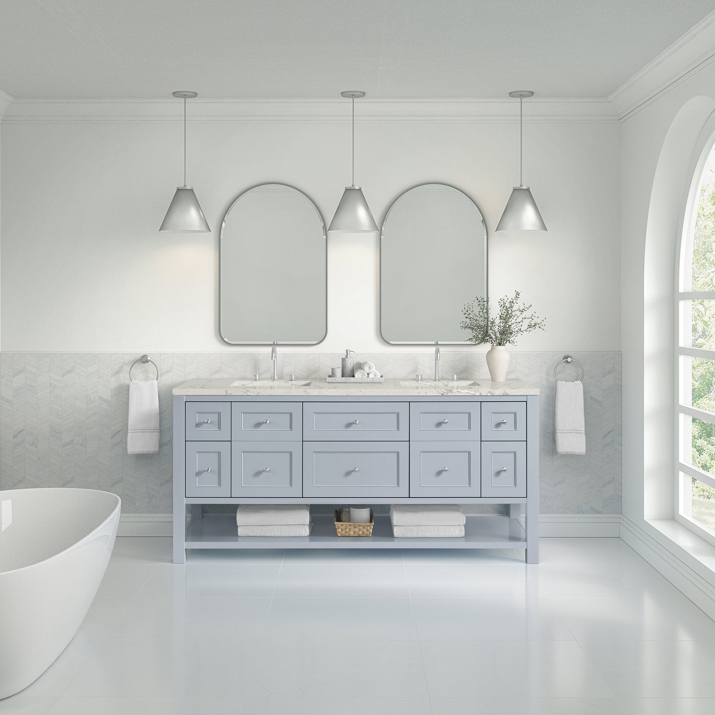 Renovate for Less Atlanta Breckenridge 72" Double Vanity, Serenity Blue, w/ 3 CM Victorian Silver Quartz Top w/FreePower Wireless Charger