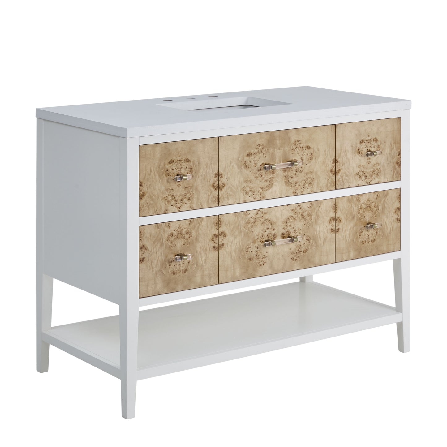 Renovate for Less Atlanta Olena 48" Single Vanity, Light Mappa Burl and Polished White w/ 3 CM White Zeus Silestone Top