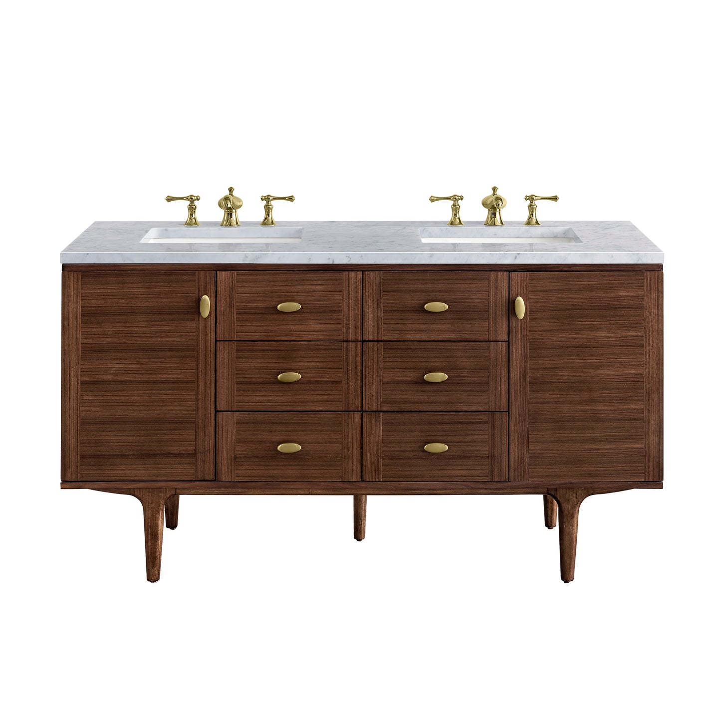 Renovate for Less Atlanta Amberly 60" Double Vanity, Mid-Century Walnut w/ 3 CM Carrara Marble Top