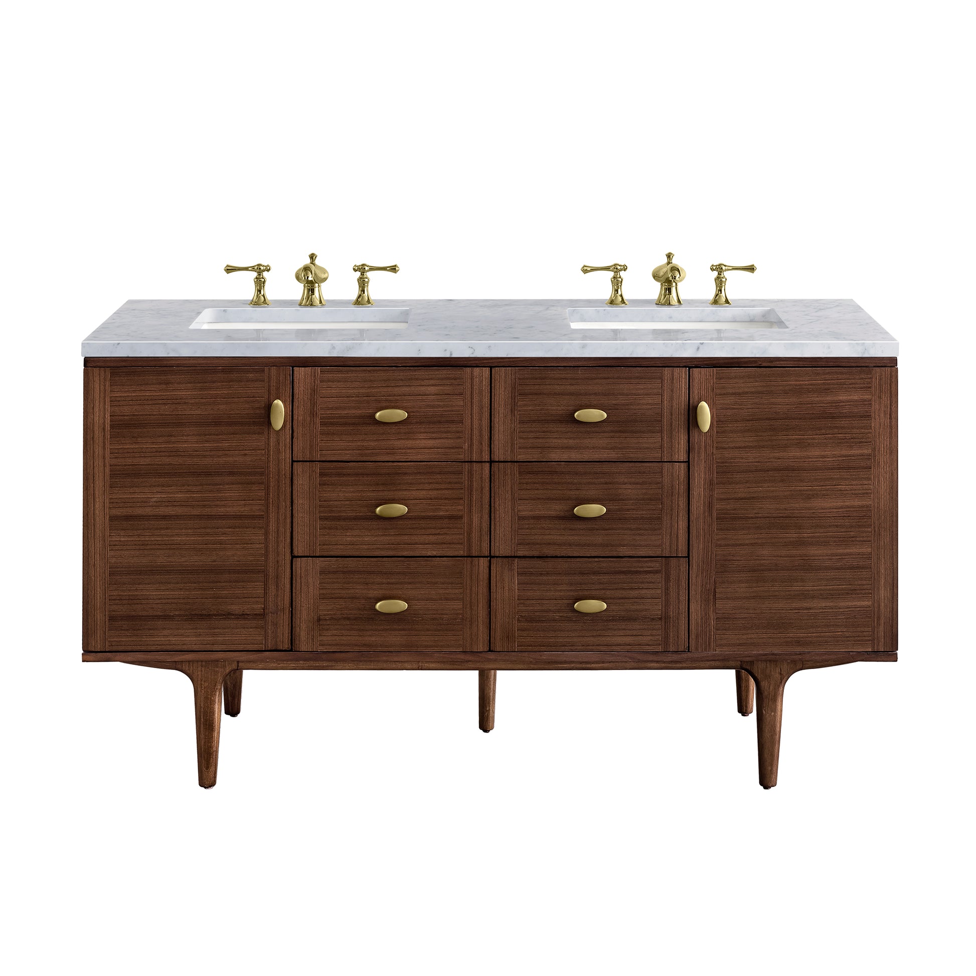 Renovate for Less Atlanta Amberly 60" Double Vanity, Mid-Century Walnut w/ 3 CM Carrara Marble Top