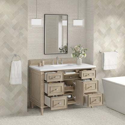 Lorelai 48" Single Vanity, Whitewashed Oak w/ 3 CM White Zeus Silestone Top