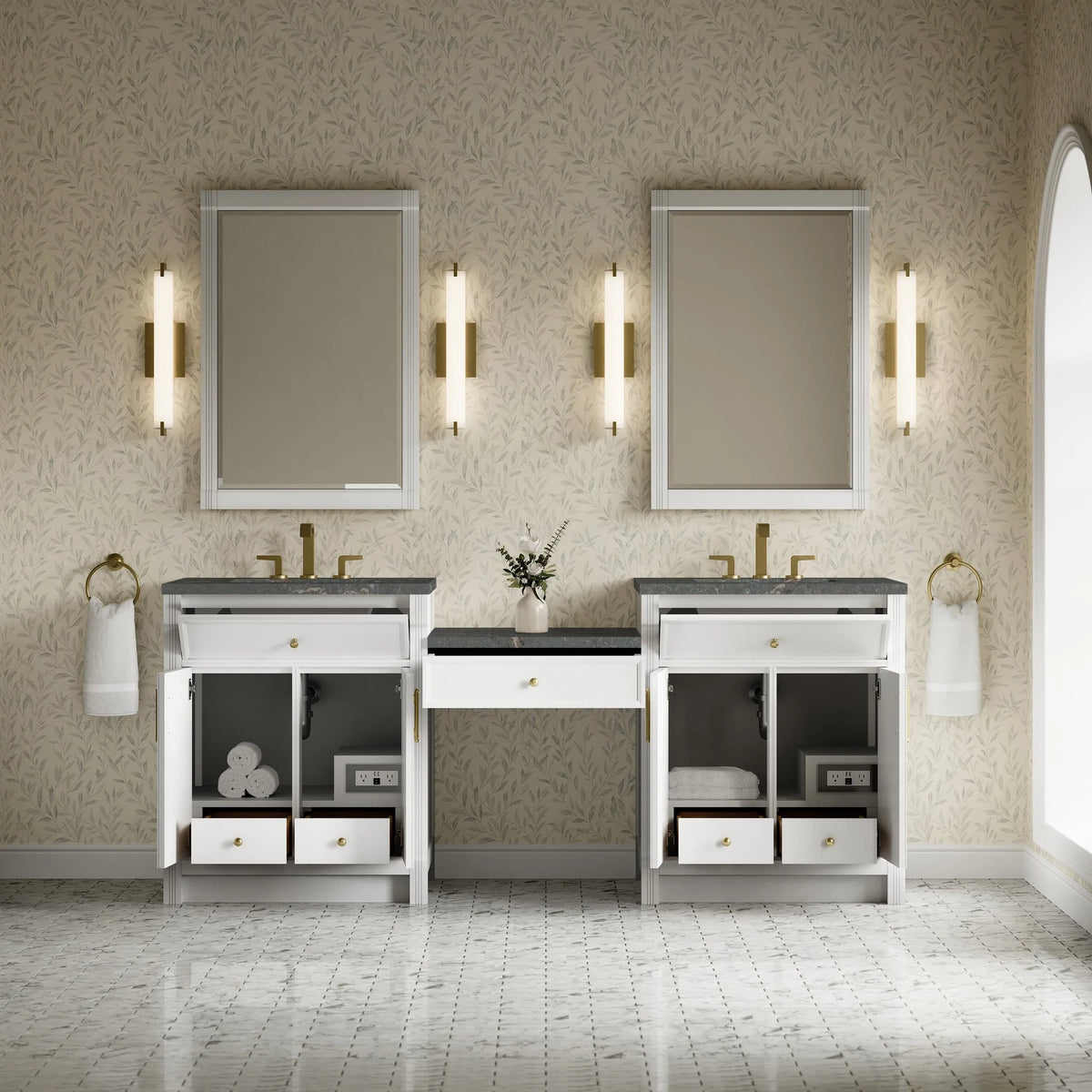 Bellshire 84" Dual Vanity Set with 24" Make-Up Counter, Bright White w/3 cm Parisien Bleu Silestone Top