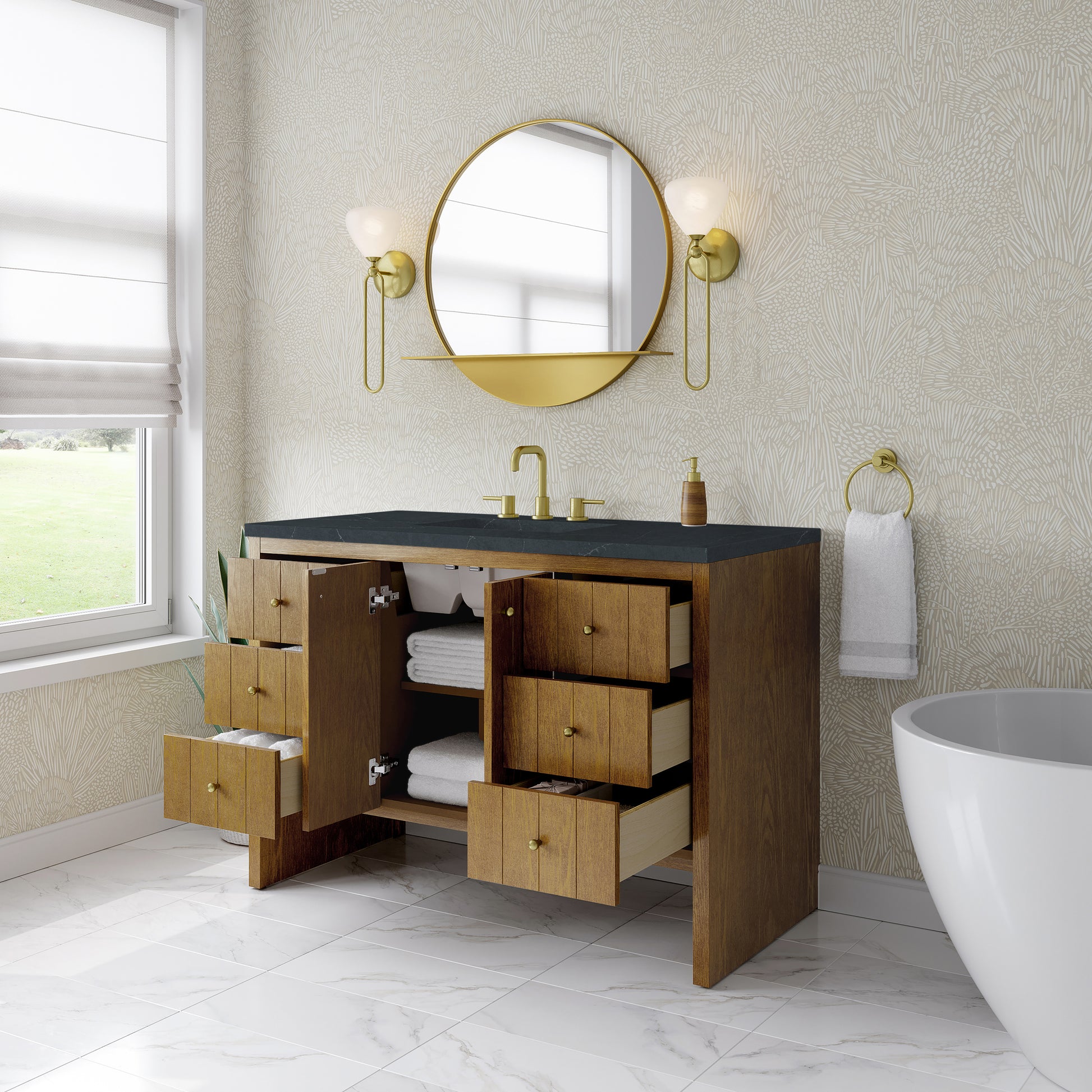 Renovate for Less Atlanta Hudson 48" Single Vanity, Honey Oak w/ 3 CM Charcoal Soapstone Silestone Top