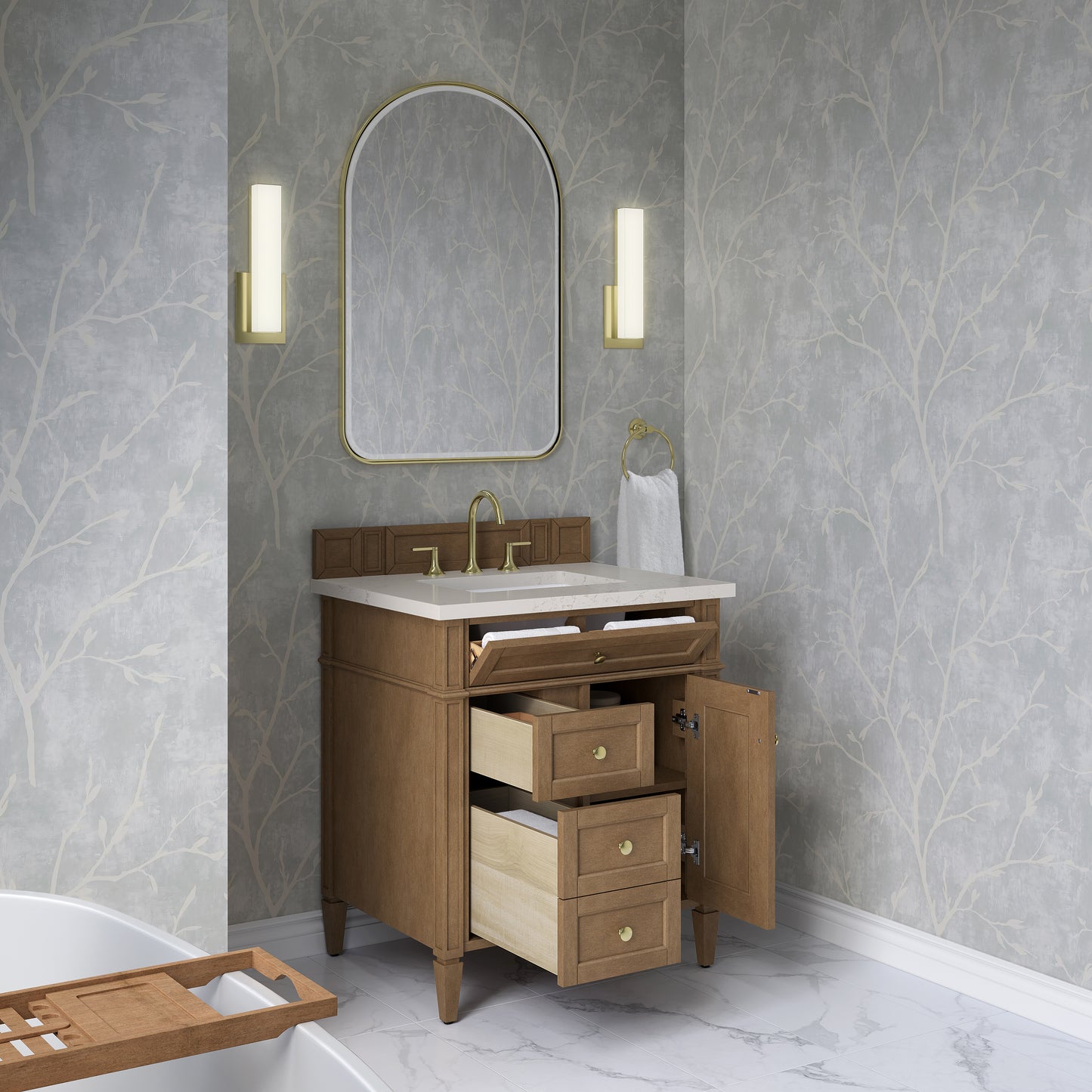 Renovate for Less Atlanta Brittany 30" Single Vanity, Pecan w/ 3 CM Siberian Silestone Top
