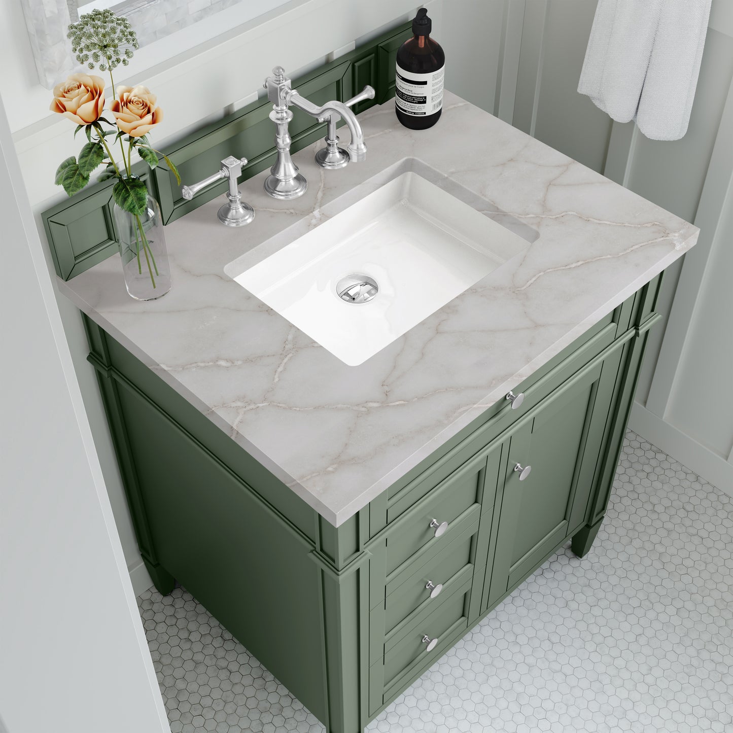 Renovate for Less Atlanta Brittany 30" Single Vanity, Smokey Celadon w/ 3 CM Victorian Silver Top