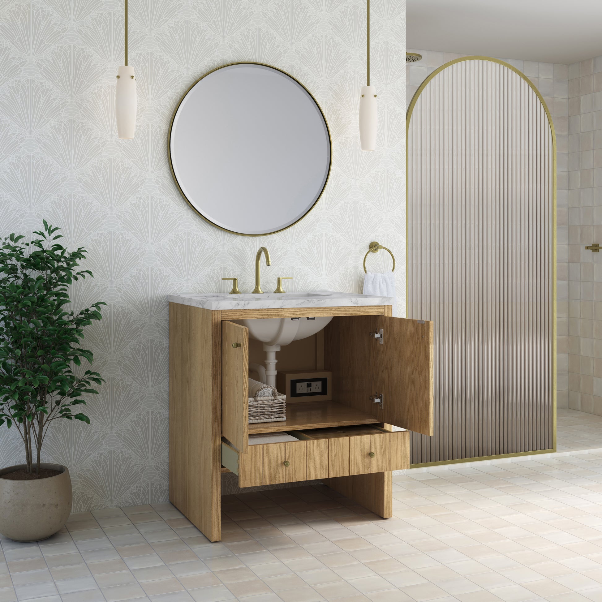 Renovate for Less Atlanta Hudson 30" Single Vanity, Light Natural Oak w/ 3 CM Carrara Marble Top