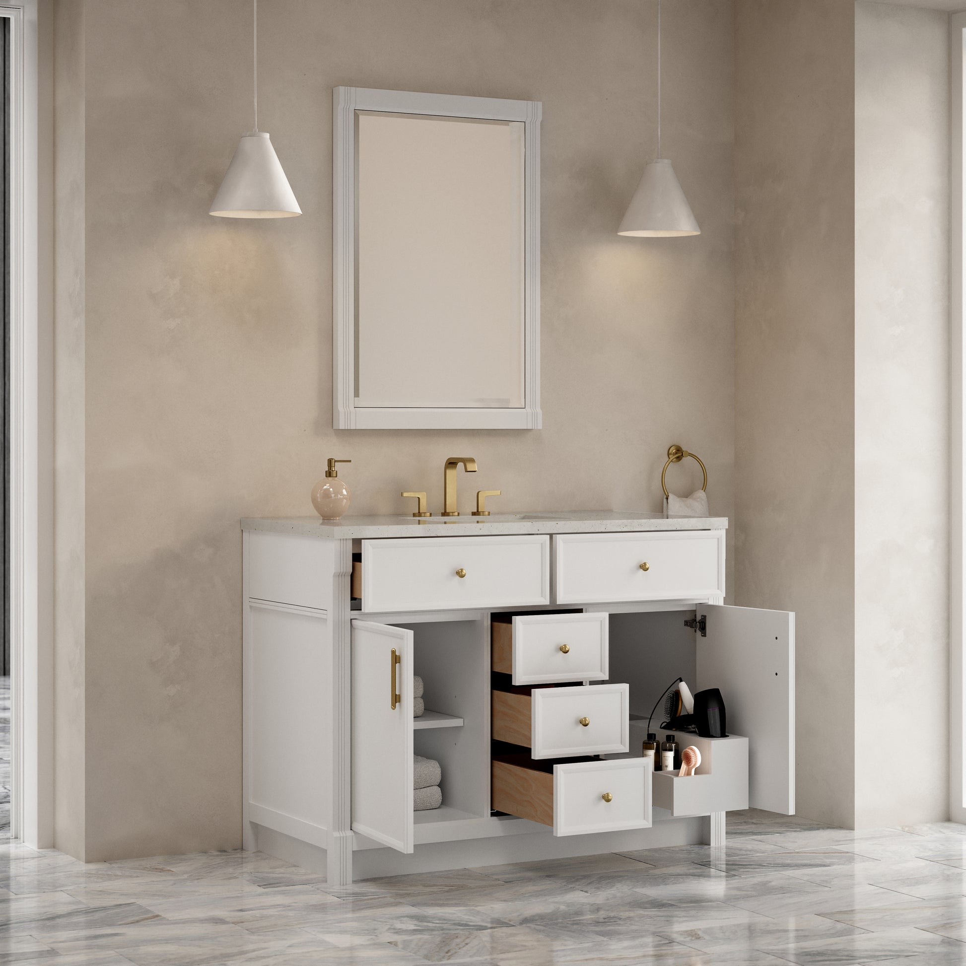 Renovate for Less Atlanta Bellshire 48" Single Vanity, Bright White w/ 3 CM Lime Delight Silestone Top