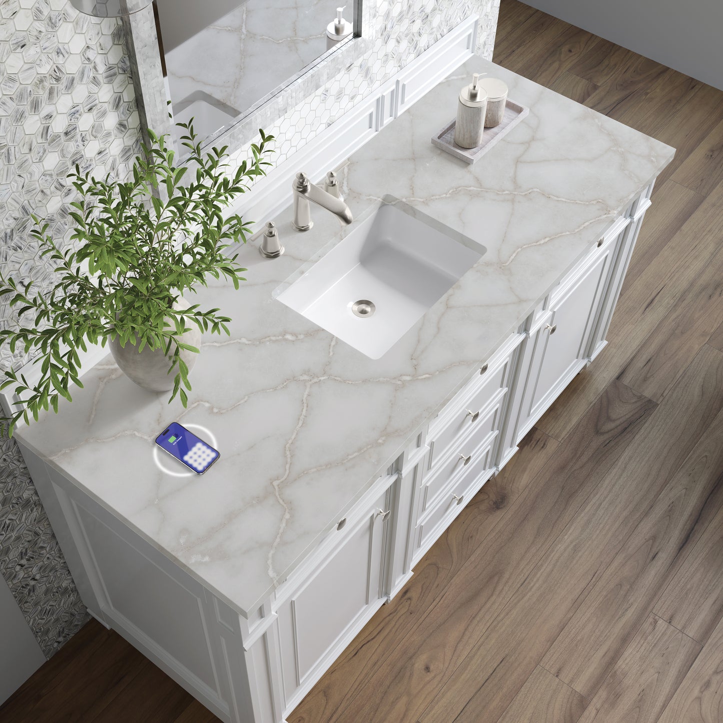 Renovate for Less Atlanta Bristol 60" Single Vanity, Bright White w/ 3 CM Victorian Silver Silestone Top w/FreePower Wireless Charger