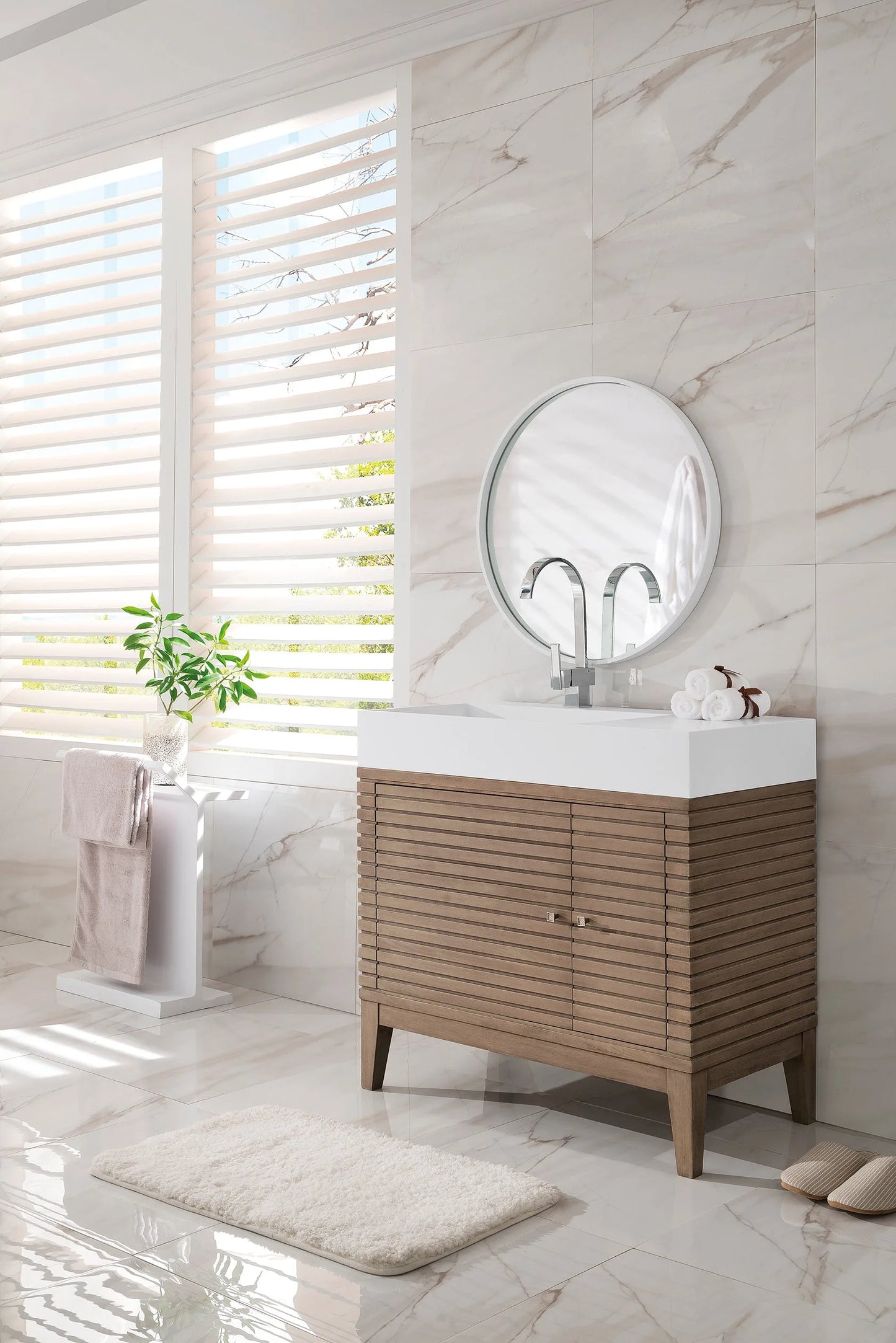 Linear 36" Single Vanity, Whitewashed Walnut w/ Glossy White Composite Stone Top