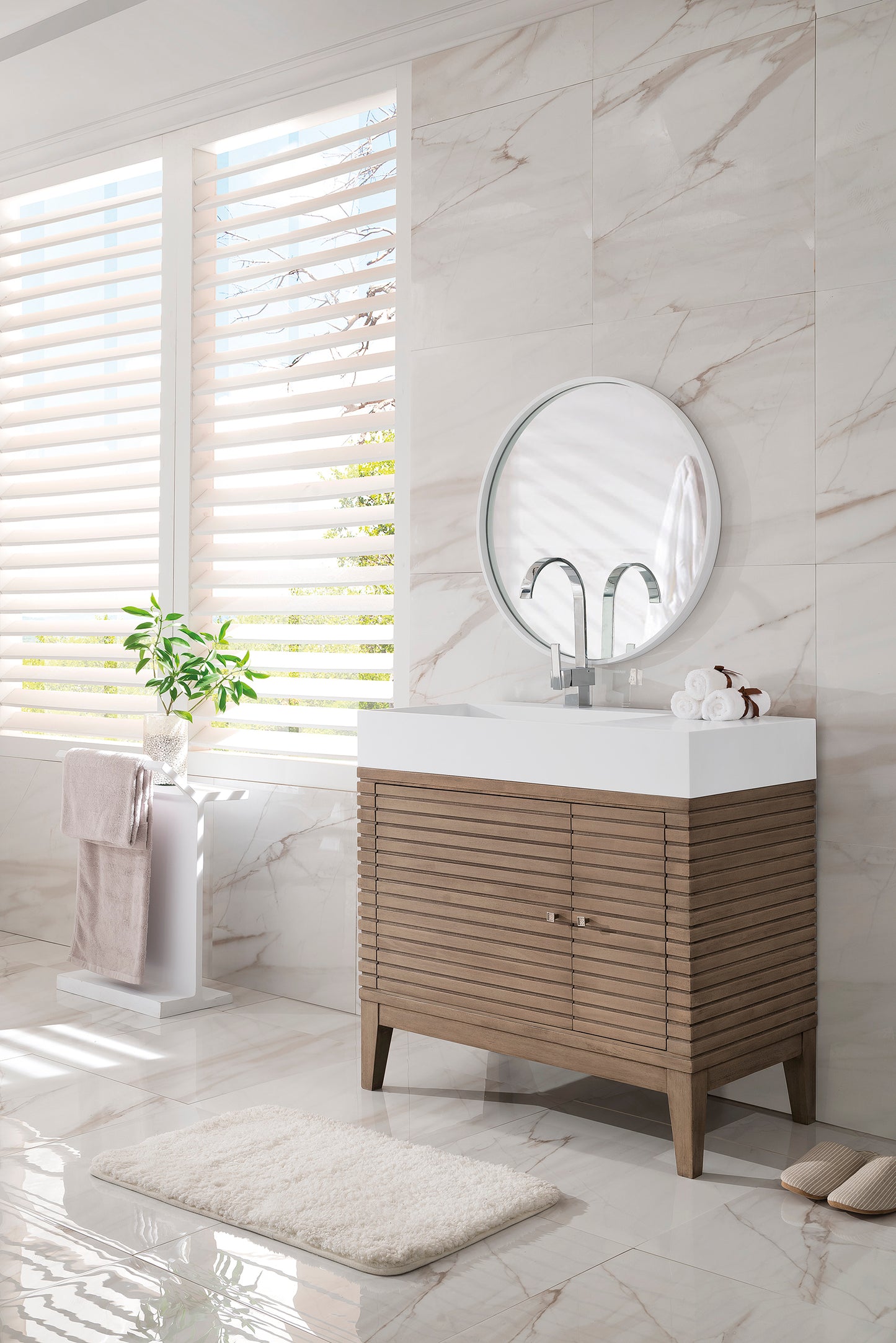 Renovate for Less Atlanta Linear 36" Single Vanity, Whitewashed Walnut w/ Glossy White Composite Stone Top