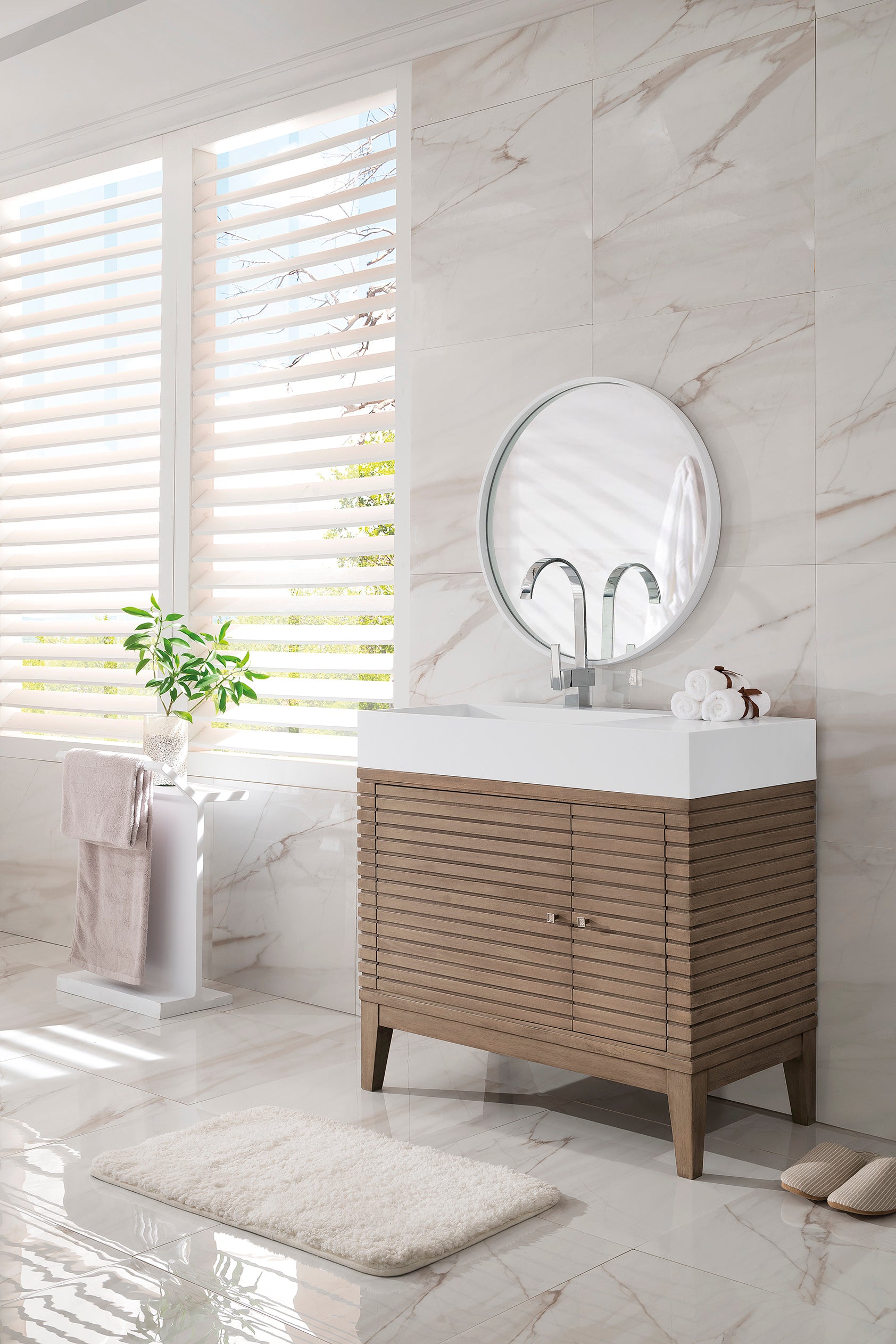 Renovate for Less Atlanta Linear 36" Single Vanity, Whitewashed Walnut w/ Glossy White Composite Stone Top