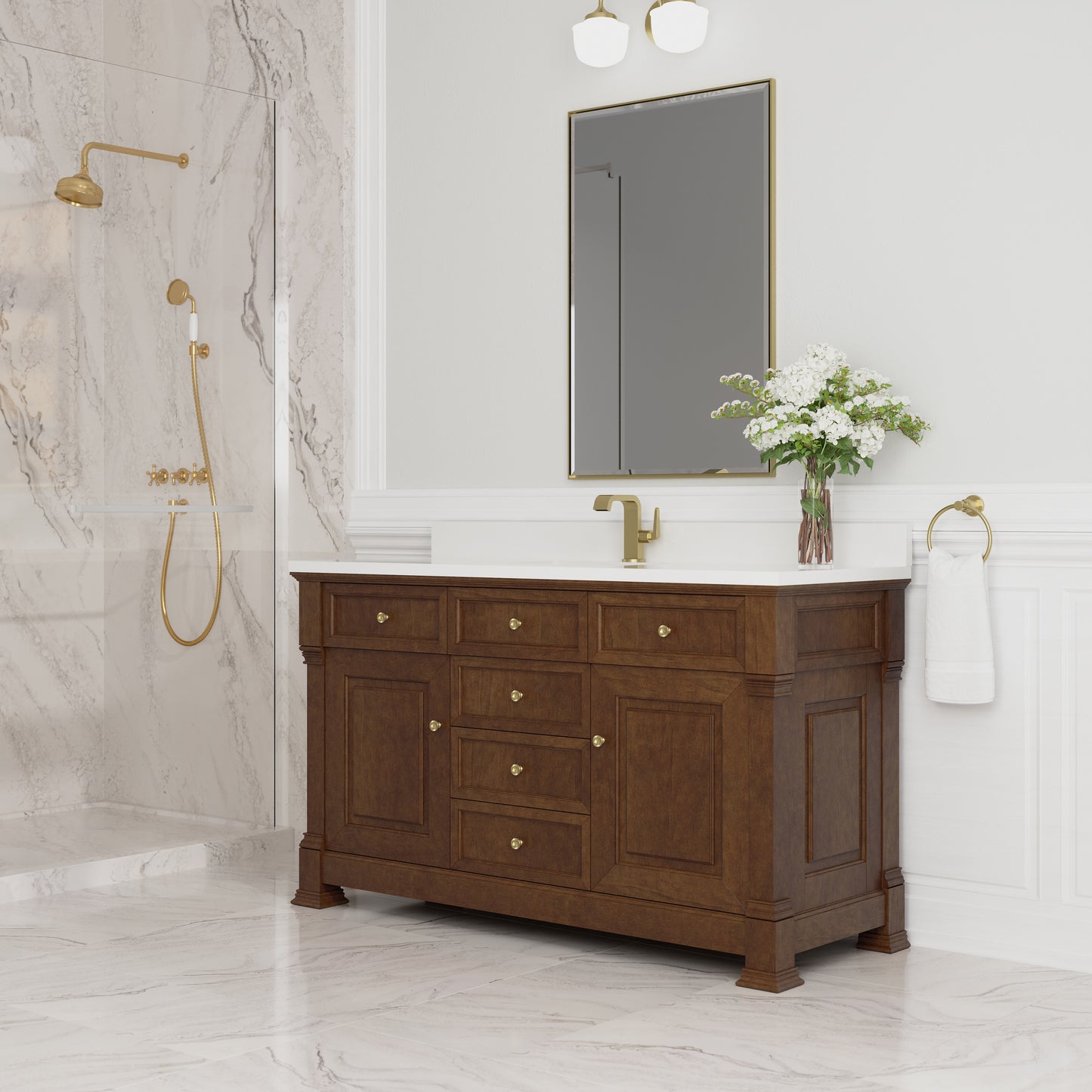 Renovate for Less Atlanta Brookfield 60" Single Vanity, Honey Oak w/ Single Hole 3 CM White Zeus Silestone Top & Backsplash