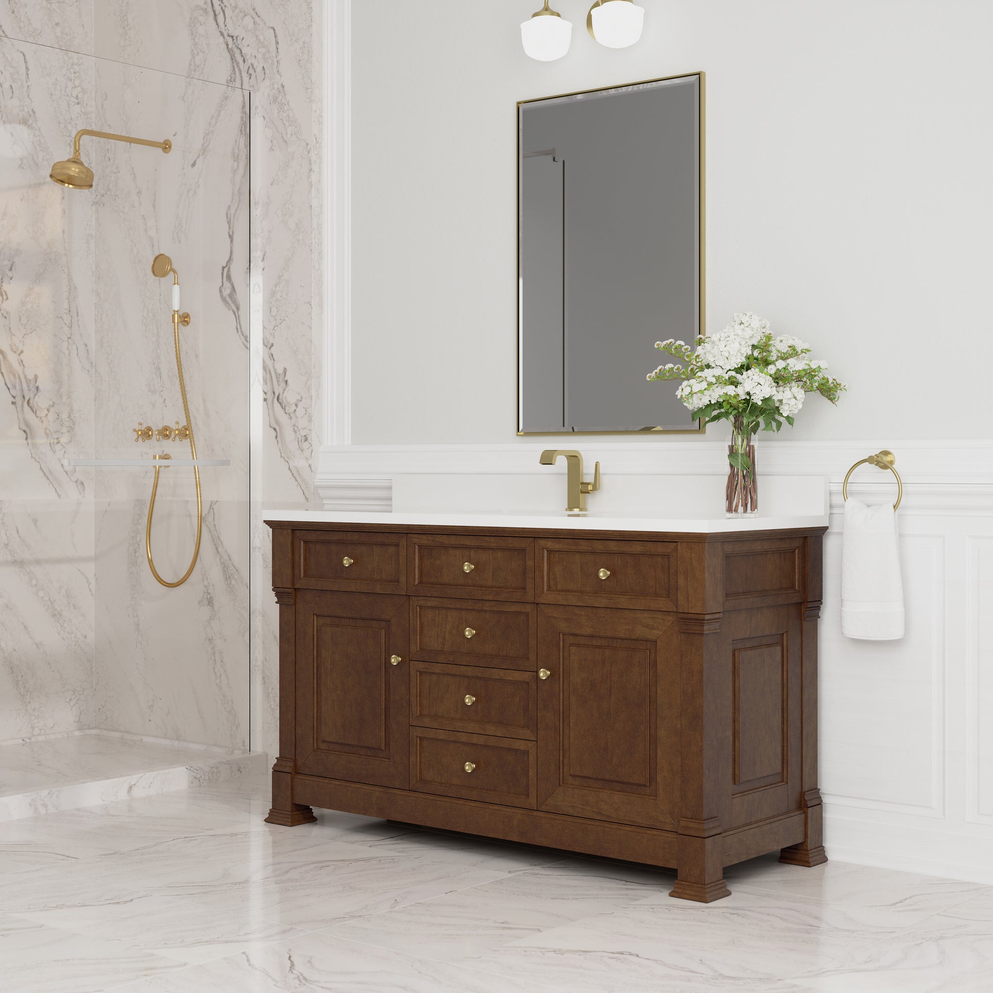 Renovate for Less Atlanta Brookfield 60" Single Vanity, Honey Oak w/ Single Hole 3 CM White Zeus Silestone Top & Backsplash