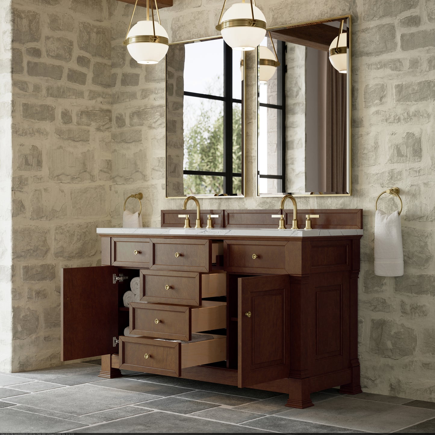 Renovate for Less Atlanta Brookfield 60" Double Vanity, Honey Oak w/ 3 CM Ethereal Noctis Silestone Top