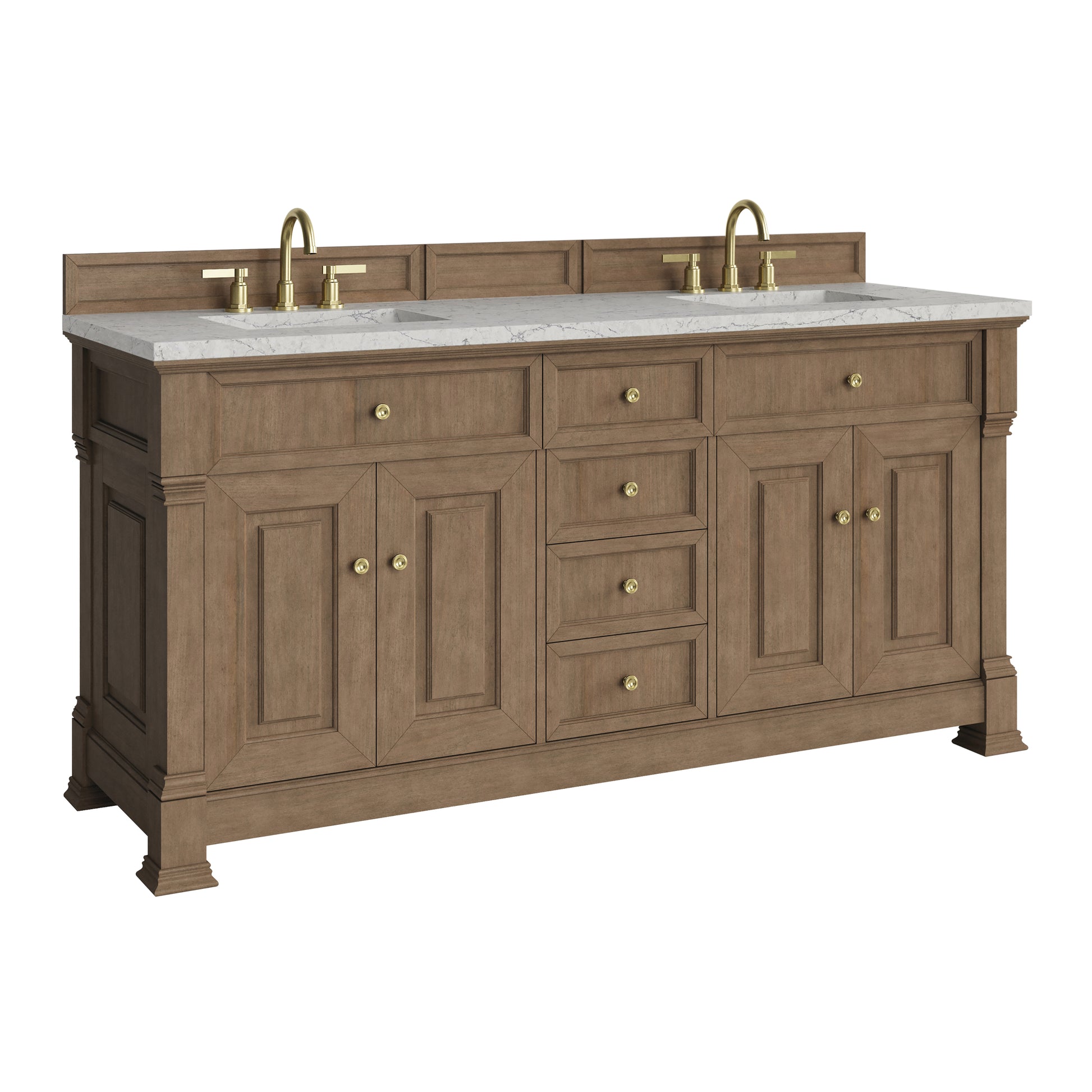 Renovate for Less Atlanta Brookfield 72" Double Vanity, Pecan w/ 3 CM Eternal Jasmine Pearl Silestone Top w/ FreePower Wireless Charger