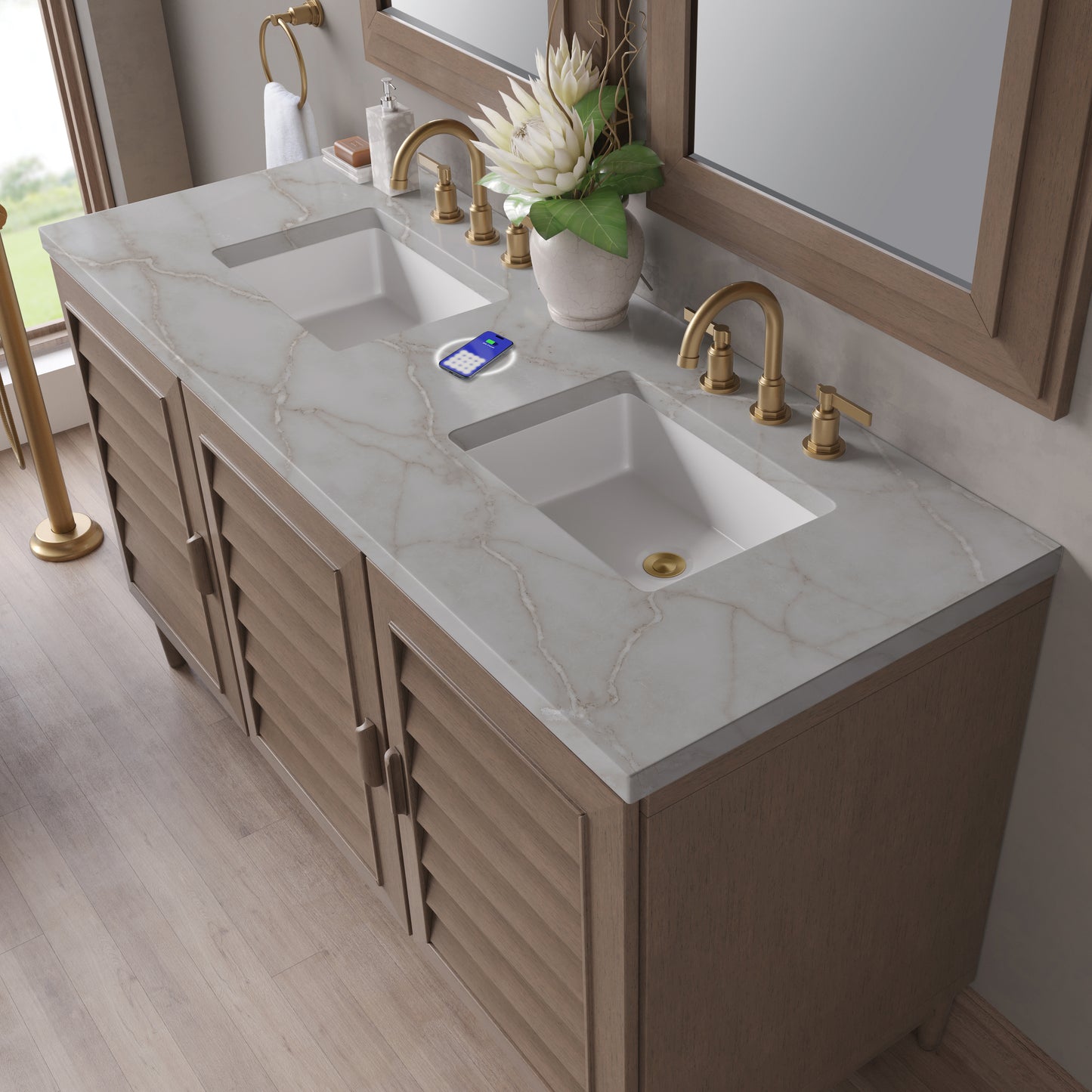 Renovate for Less Atlanta Portland 60" Double Vanity Whitewashed Walnut w/ 3 CM Victorian Silver Silestone Top w/FreePower Wireless Charger
