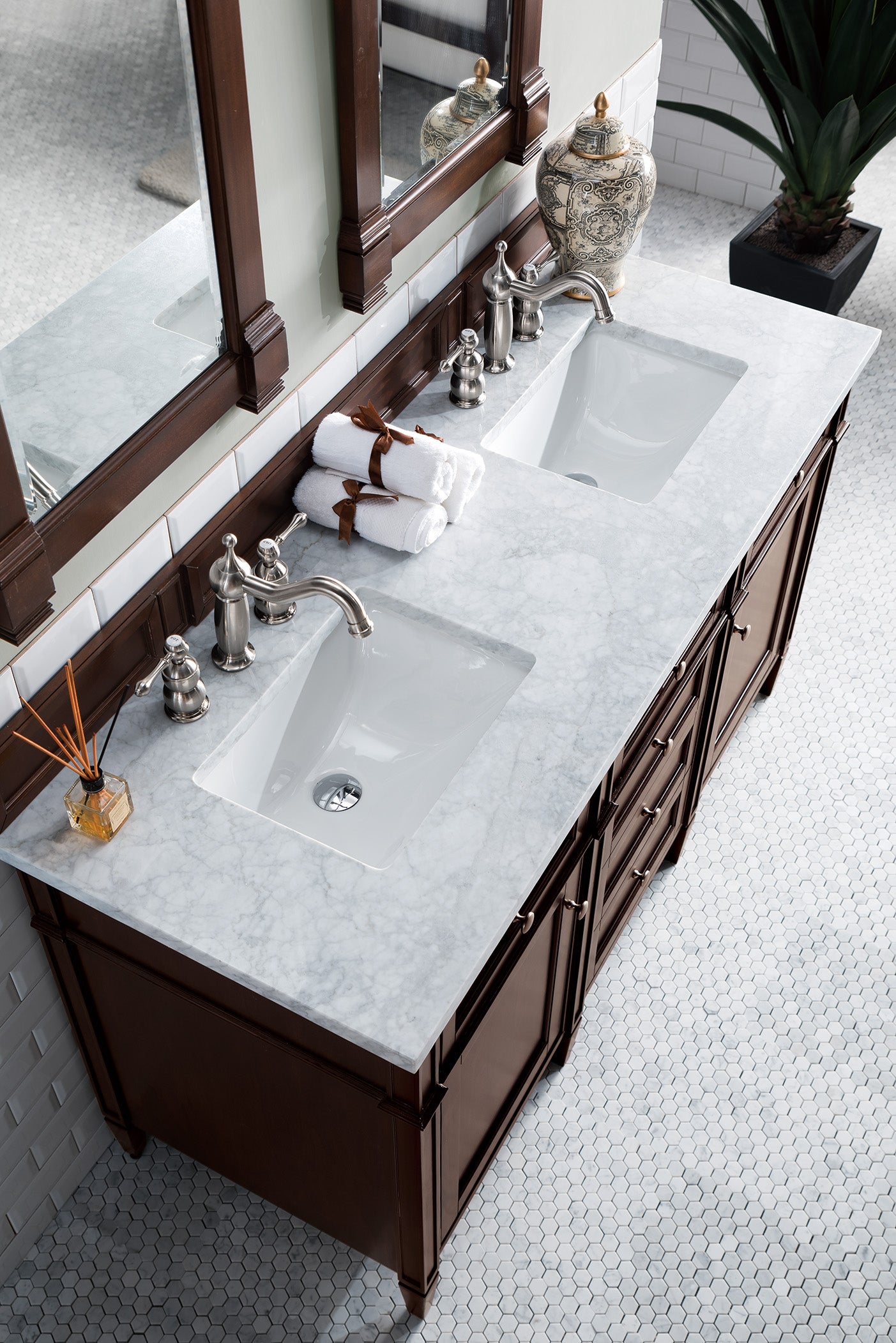 Renovate for Less Atlanta Brittany 60" Double Vanity, Burnished Mahogany w/ 3 CM Carrara Marble Top