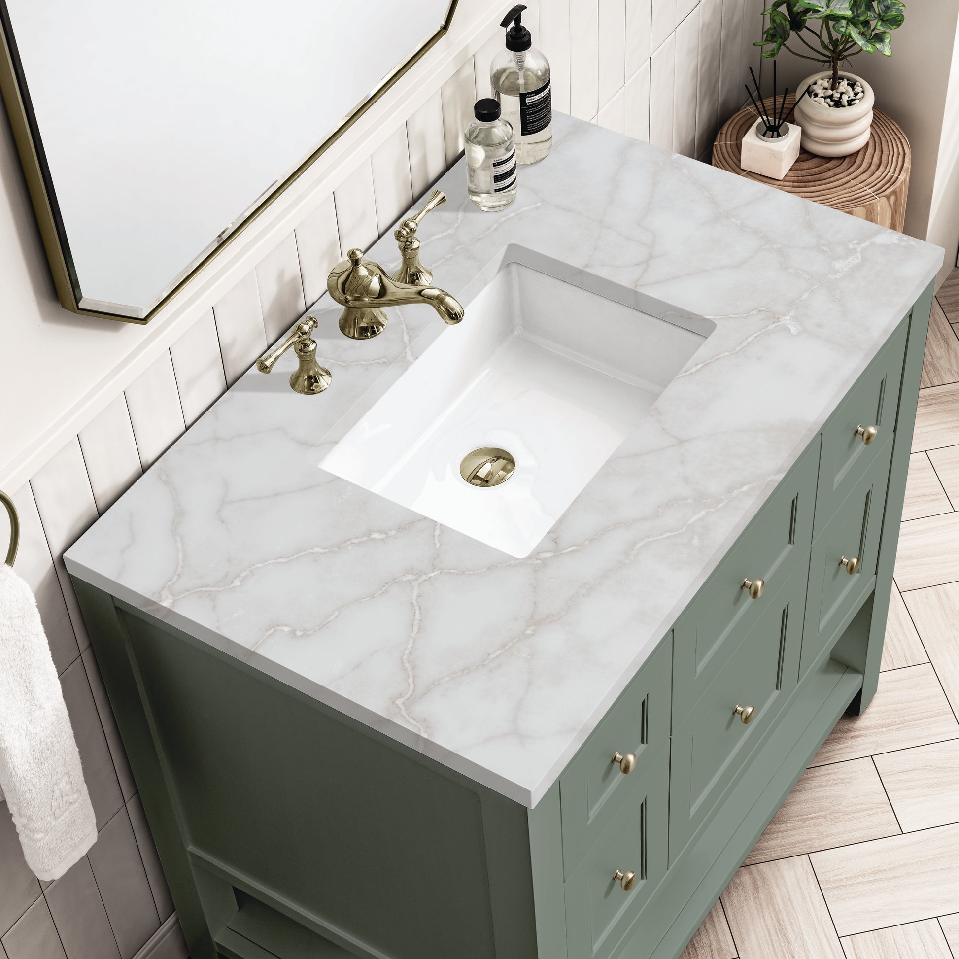Renovate for Less Atlanta Breckenridge 36" Single Vanity, Smokey Celadon w/ 3 CM Victorian Silver Top