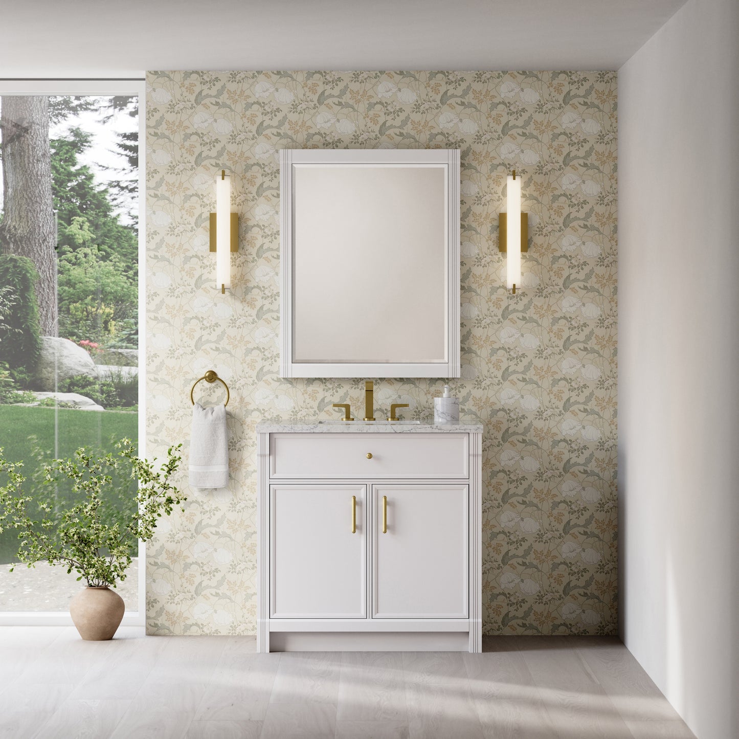 Renovate for Less Atlanta Bellshire 36" Single Vanity, Bright White w/ 3 CM Eternal Jasmine Pearl Silestone Top
