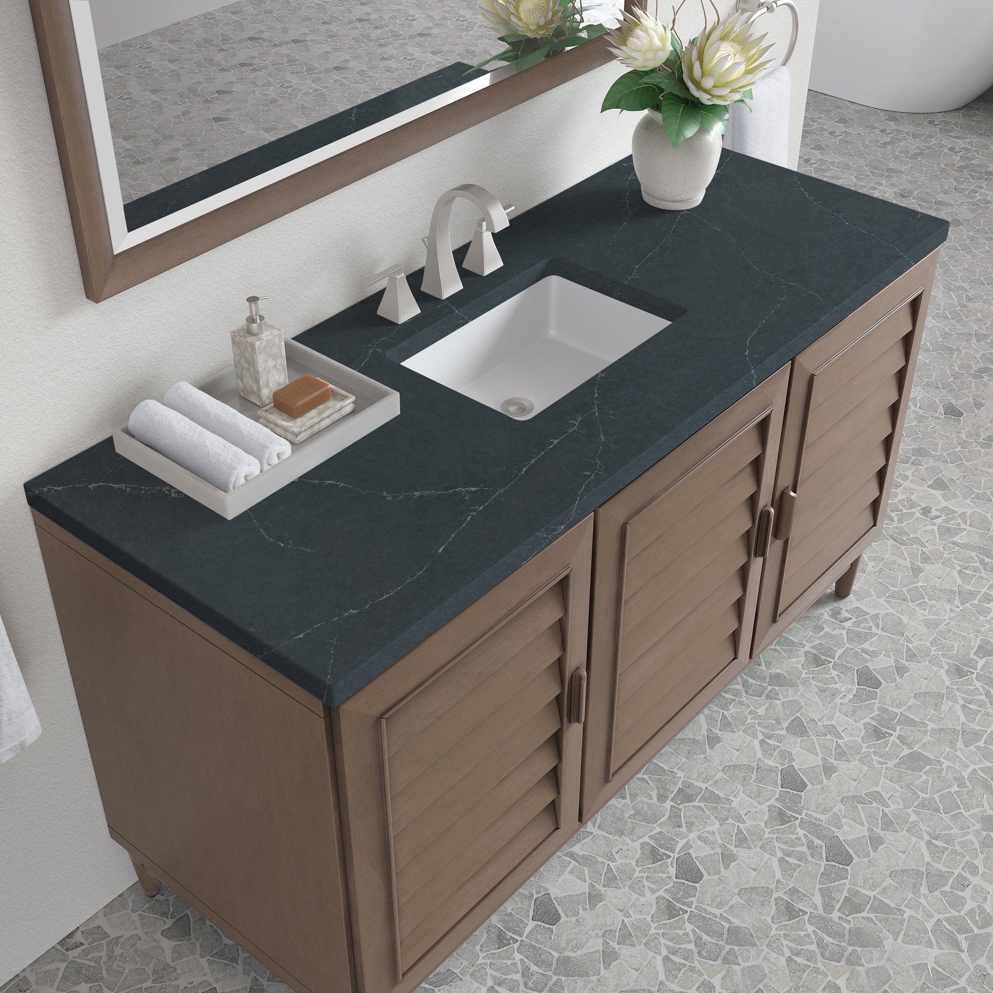 Renovate for Less Atlanta Portland 60" Single Vanity Whitewashed Walnut w/ 3 CM Charcoal Soapstone Silestone Top