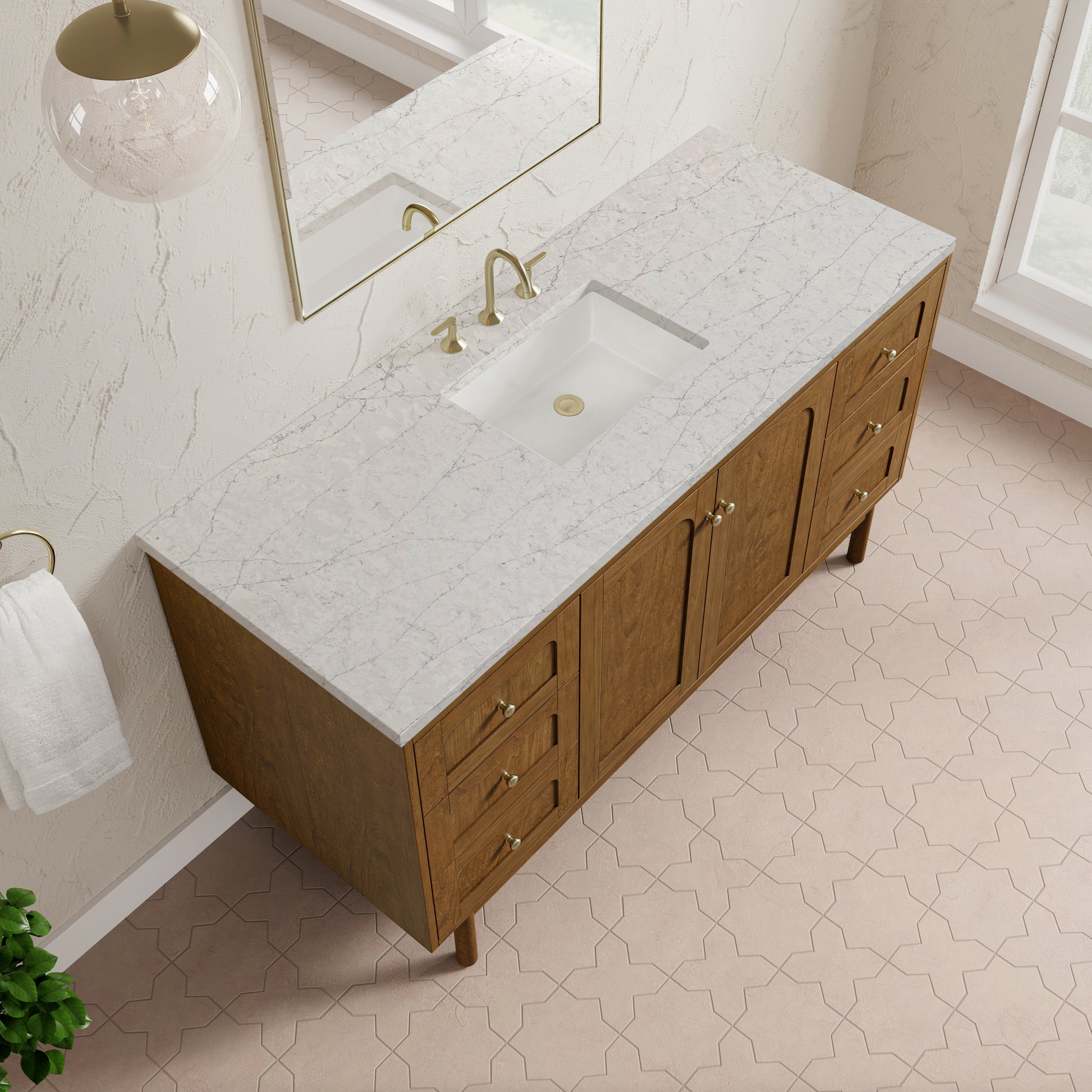 Renovate for Less Atlanta Laurent 60" Single Vanity, Honey Oak w/ 3 CM Eternal Jasmine Pearl Silestone Top