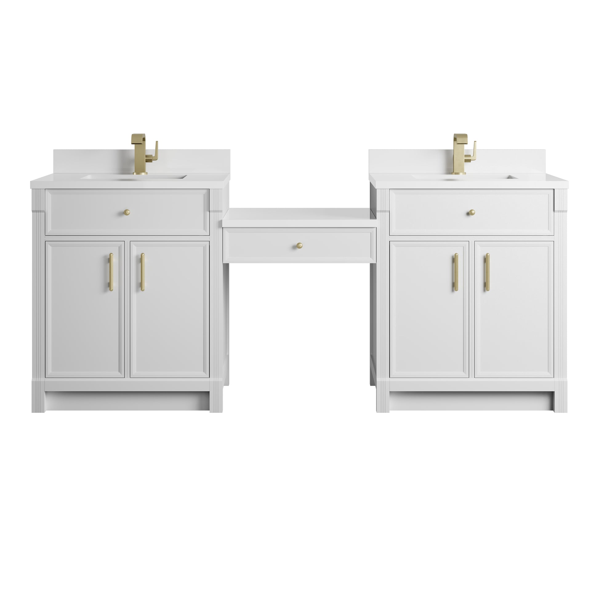 Renovate for Less Atlanta Bellshire 84" Dual Vanity Set with 24" Make-Up Counter, Bright White w/Single Hole 3 cm White Zeus Silestone Top & Backsplash