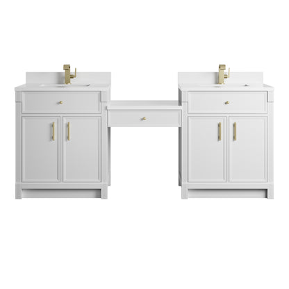 Renovate for Less Atlanta Bellshire 84" Dual Vanity Set with 24" Make-Up Counter, Bright White w/Single Hole 3 cm White Zeus Silestone Top & Backsplash