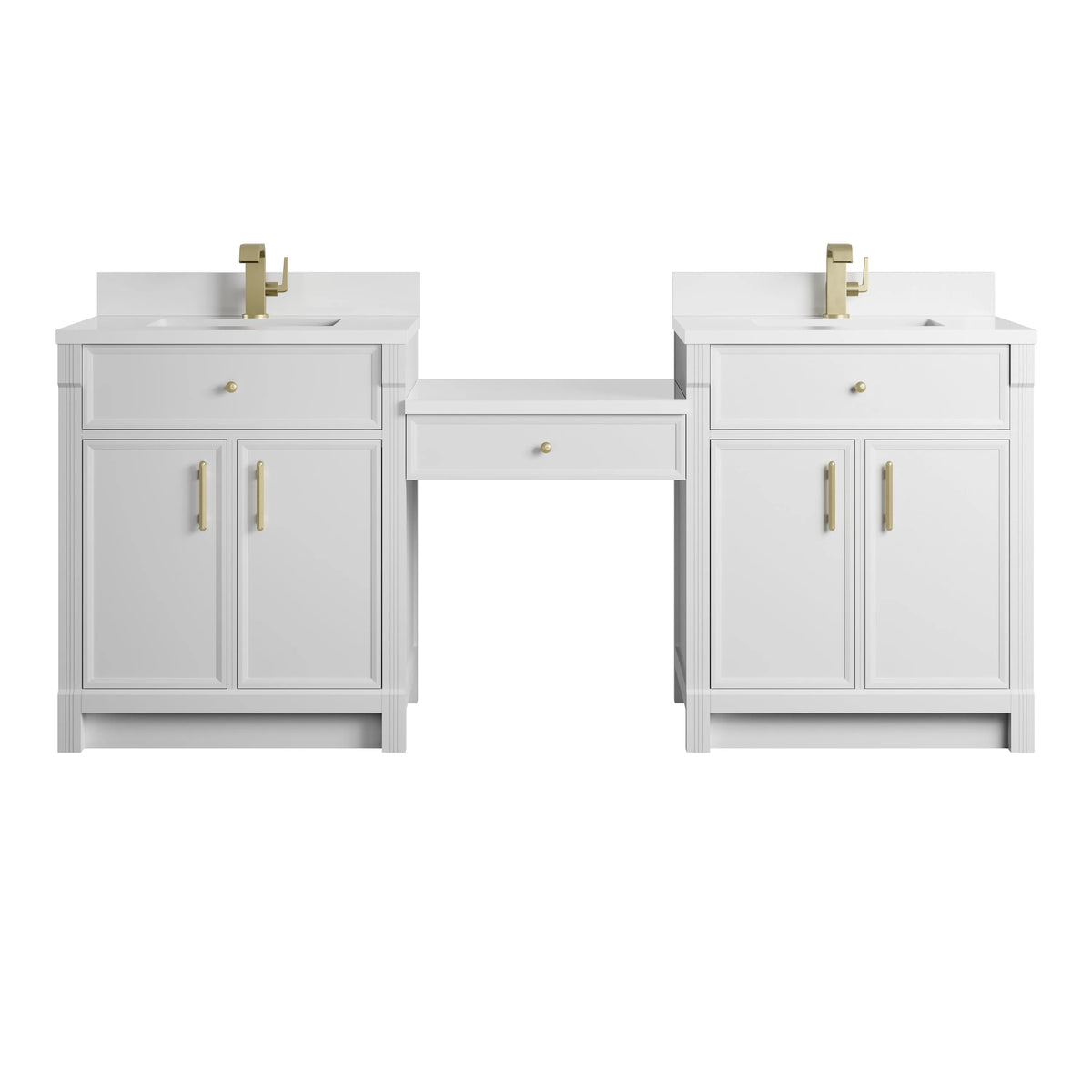Bellshire 84" Dual Vanity Set with 24" Make-Up Counter, Bright White w/Single Hole 3 cm White Zeus Silestone Top & Backsplash