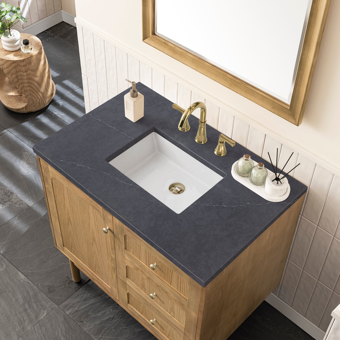 Renovate for Less Atlanta Laurent 36" Single Vanity, Light Natural Oak w/ 3 CM Charcoal Soapstone Top