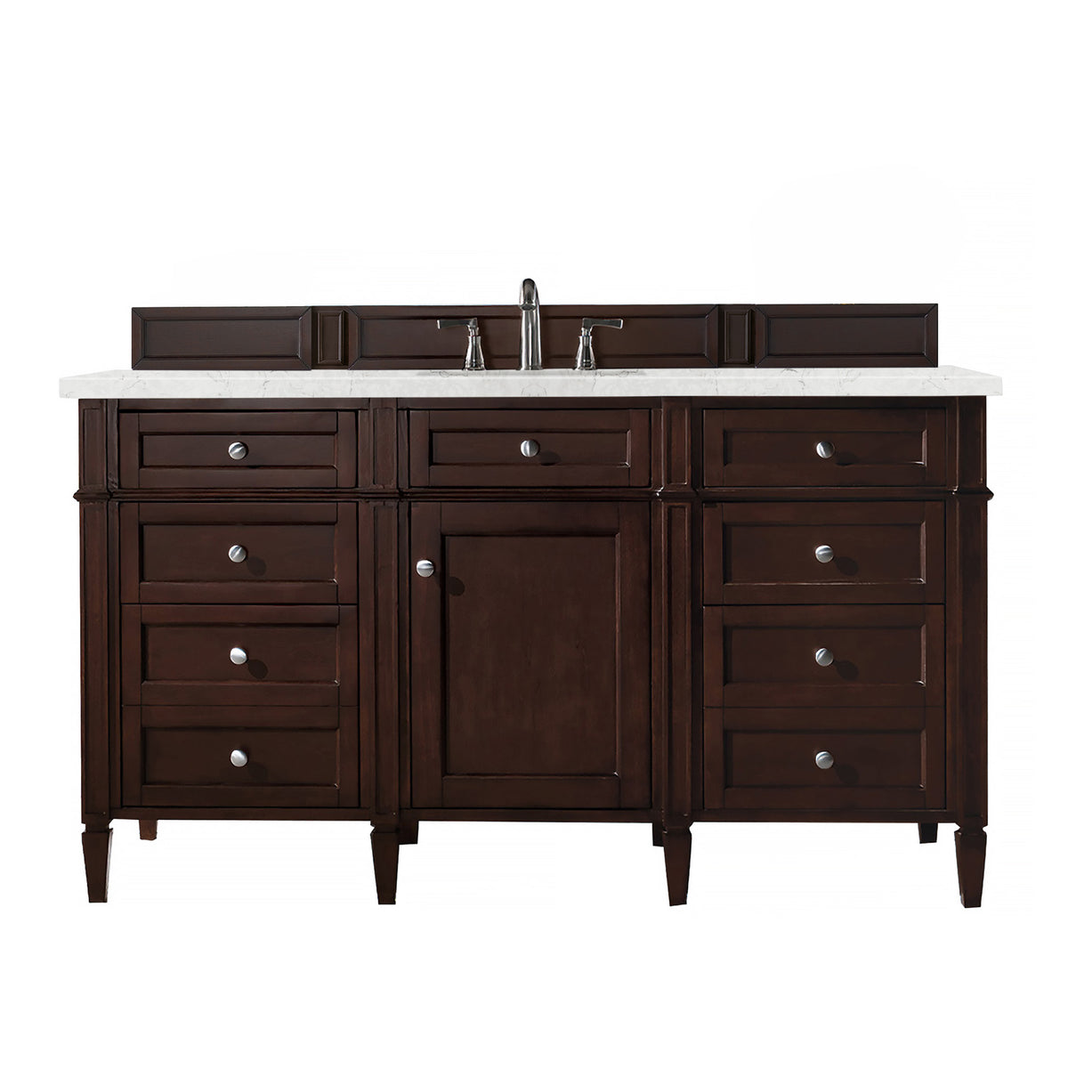 Renovate for Less Atlanta Brittany 60" Single Vanity, Burnished Mahogany w/ 3 CM Eternal Jasmine Pearl Silestone Top w/FreePower Wireless Charger
