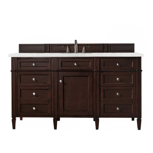 Renovate for Less Atlanta Brittany 60" Single Vanity, Burnished Mahogany w/ 3 CM Eternal Jasmine Pearl Silestone Top w/FreePower Wireless Charger