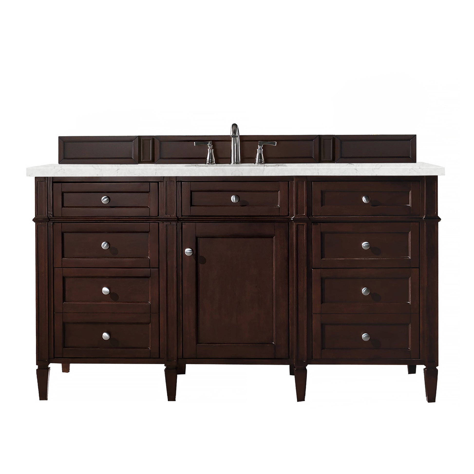 Renovate for Less Atlanta Brittany 60" Single Vanity, Burnished Mahogany w/ 3 CM Eternal Jasmine Pearl Silestone Top w/FreePower Wireless Charger