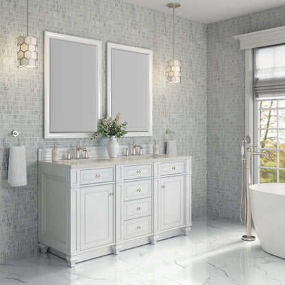 Renovate for Less Atlanta Bristol 60" Double Vanity, Bright White, w/ 3 CM Siberian Silestone Top w/FreePower Wireless Charger