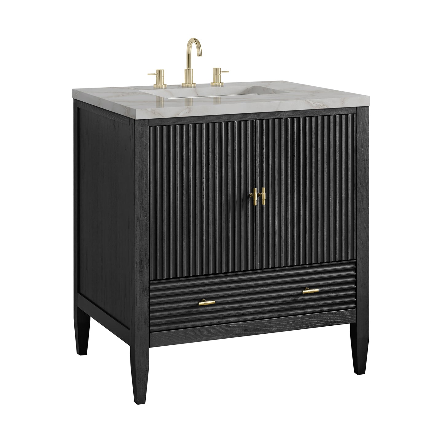 Renovate for Less Atlanta Myrrin 30" Single Vanity, Carbon Oak w/ 3 CM Victorian Silver Silestone Top
