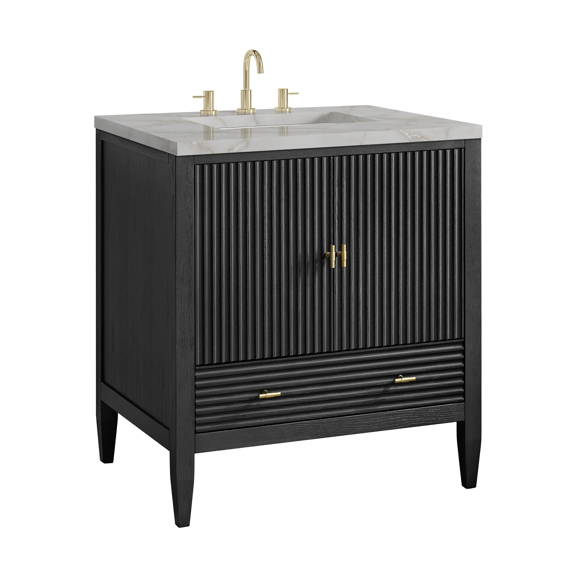 Renovate for Less Atlanta Myrrin 30" Single Vanity, Carbon Oak w/ 3 CM Victorian Silver Silestone Top