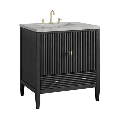 Renovate for Less Atlanta Myrrin 30" Single Vanity, Carbon Oak w/ 3 CM Victorian Silver Silestone Top