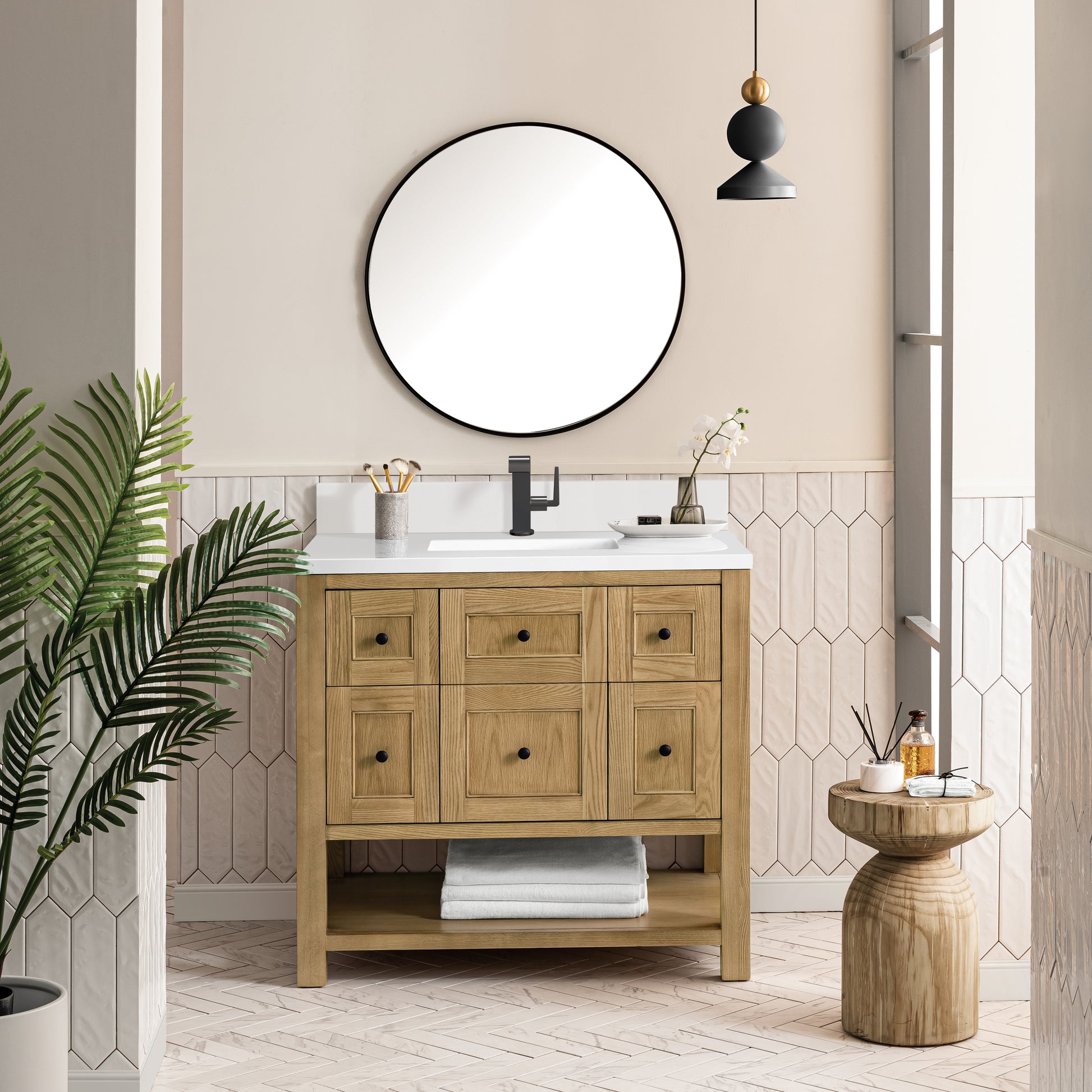 Renovate for Less Atlanta Breckenridge 36" Single Vanity, Light Natural Oak w/ Single Hole 3 CM White Zeus Top & Backsplash