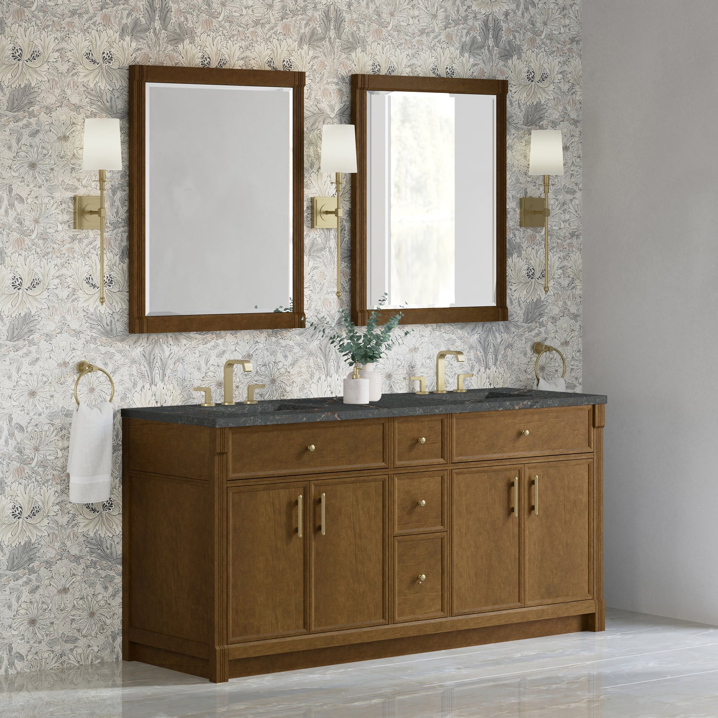 Renovate for Less Atlanta Bellshire 72" Double Vanity, Honey Oak w/ 3 CM Parisien Bleu Silestone Top w/FreePower Wireless Charger