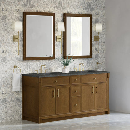 Bellshire 72" Double Vanity, Honey Oak w/ 3 CM Parisien Bleu Silestone Top w/FreePower Wireless Charger
