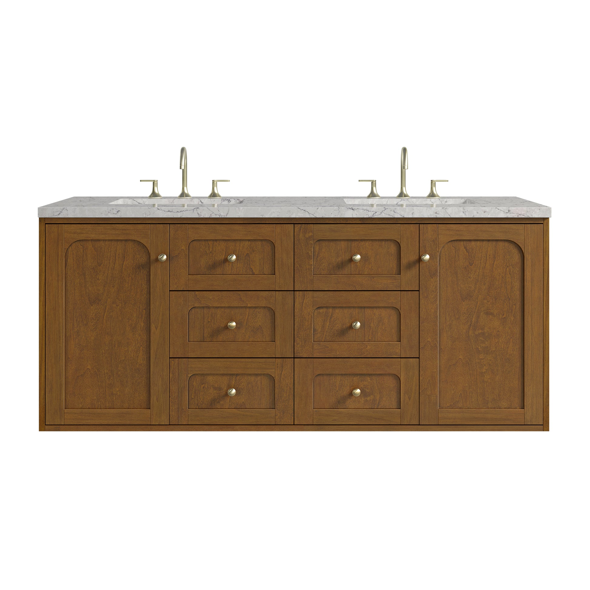 Renovate for Less Atlanta Laurent 60" Double Vanity, Honey Oak w/ 3 CM Eternal Jasmine Pearl Silestone Top w/FreePower Wireless Charger