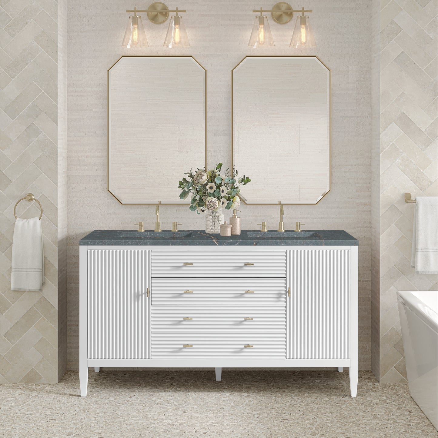 Renovate for Less Atlanta Myrrin 60" Double Vanity, Bright White w/ 3 CM Parisien Bleu Silestone Top w/FreePower Wireless Charger