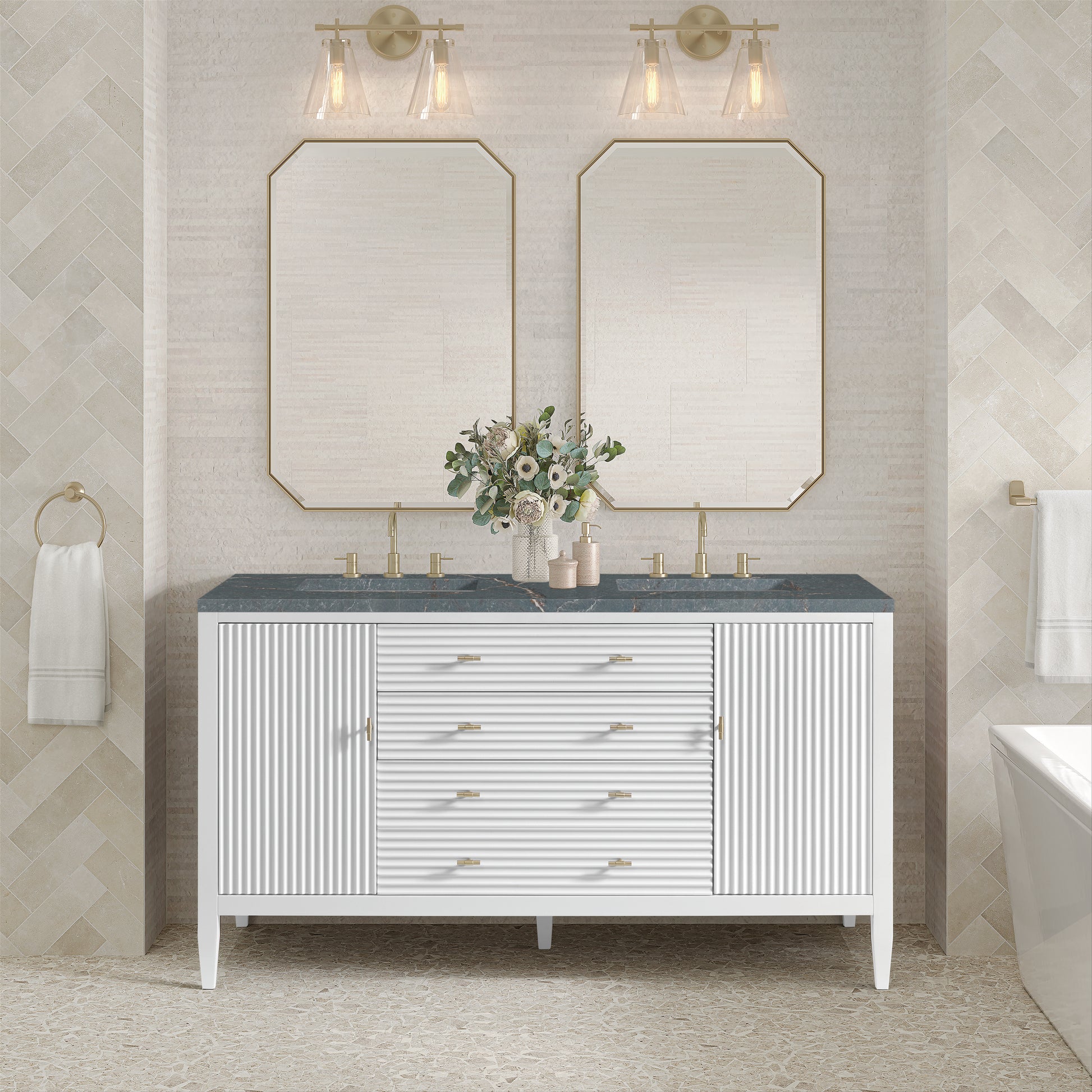 Renovate for Less Atlanta Myrrin 60" Double Vanity, Bright White w/ 3 CM Parisien Bleu Silestone Top w/FreePower Wireless Charger
