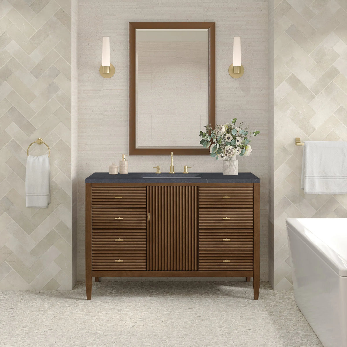 Myrrin 48" Single Vanity, Mid Century Walnut w/ 3 CM Charcoal Soapstone Silestone Top