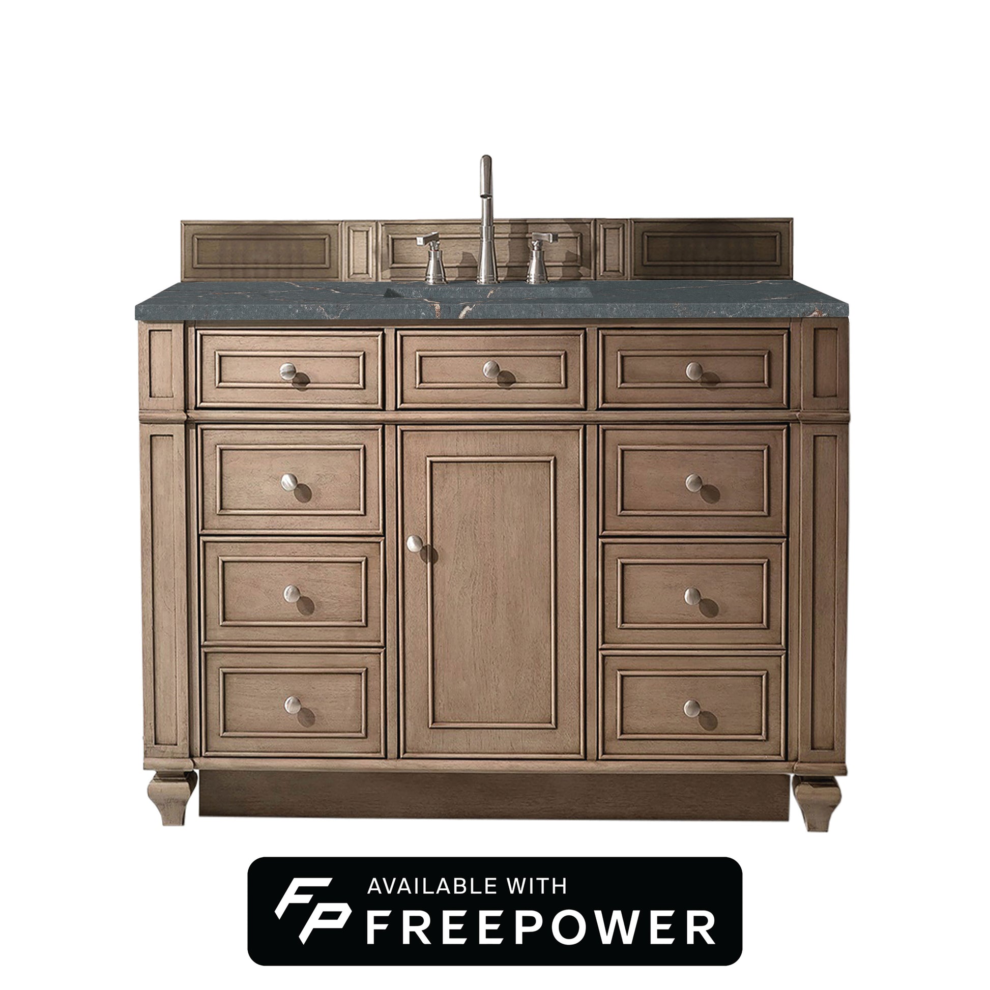 Renovate for Less Atlanta Bristol 48" Single Vanity, Whitewashed Walnut w/ 3 CM Parisien Bleu Silestone Top w/ FreePower Wireless Charger