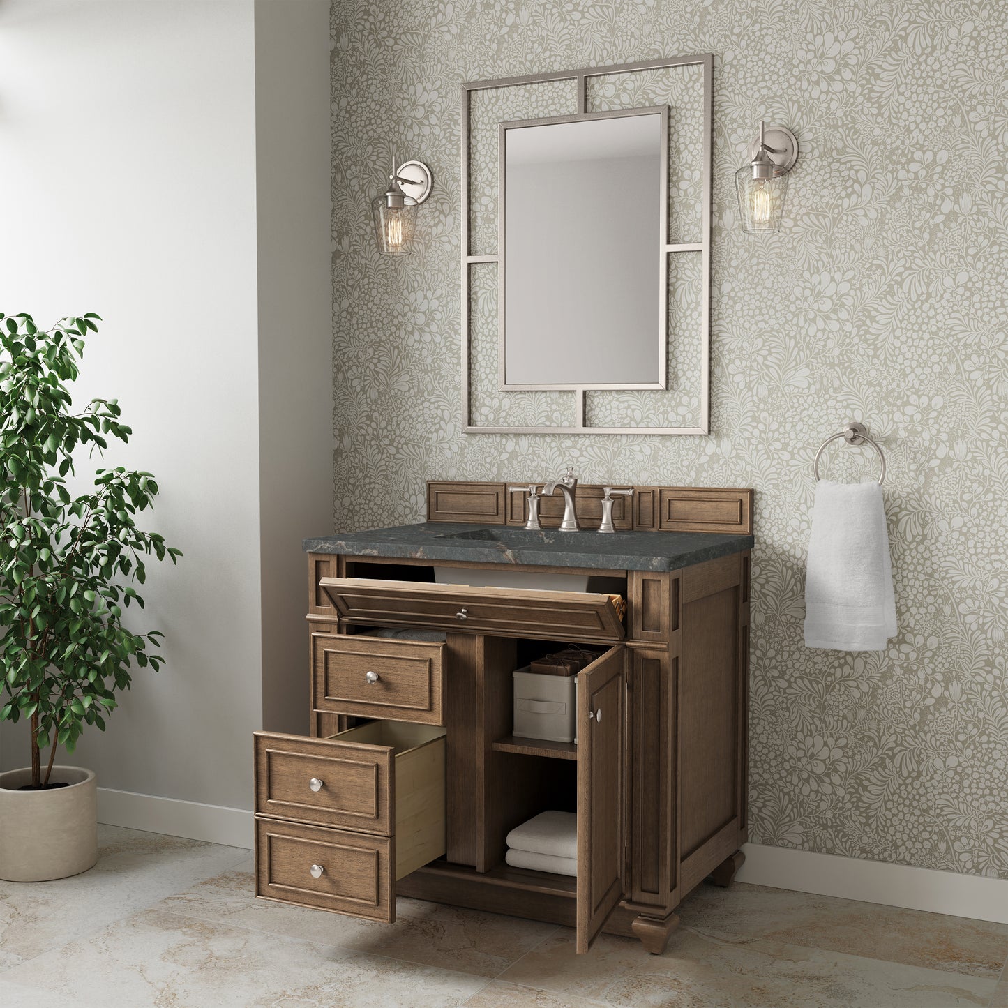 Renovate for Less Atlanta Bristol 36" Single Vanity, Saddle Brown w/ 3 CM Parisien Bleu Silestone Top
