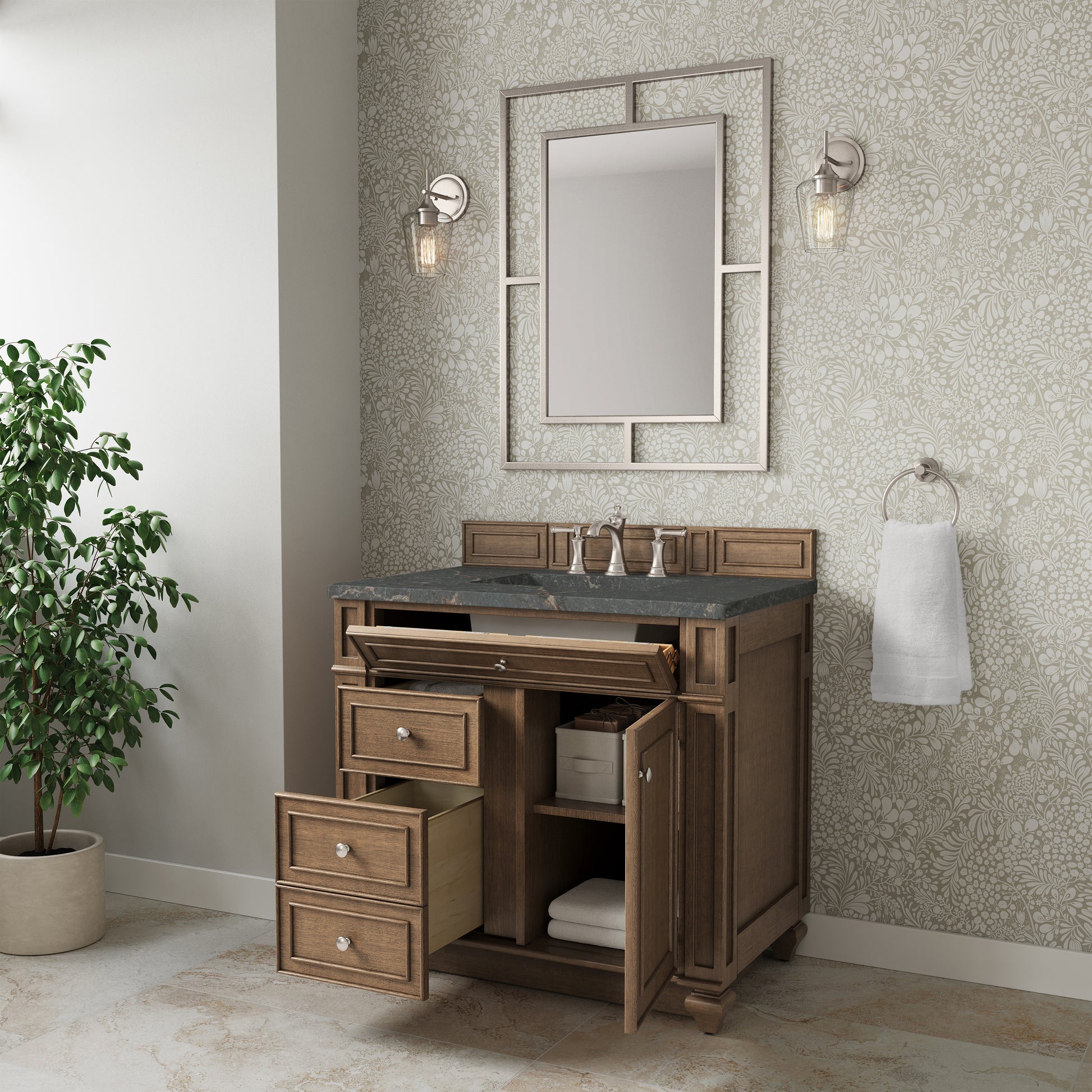 Renovate for Less Atlanta Bristol 36" Single Vanity, Saddle Brown w/ 3 CM Parisien Bleu Silestone Top