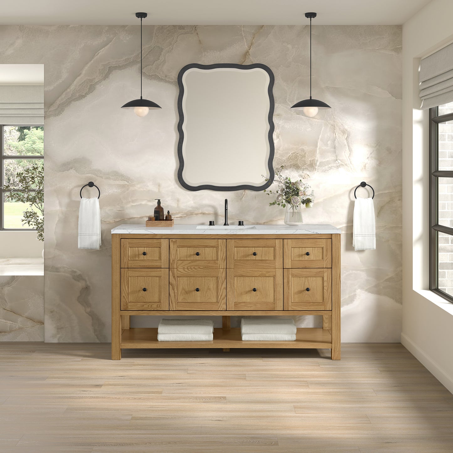 Renovate for Less Atlanta Breckenridge 60" Single Vanity, Light Natural Oak, w/ 3 CM Ethereal Noctis Quartz Top