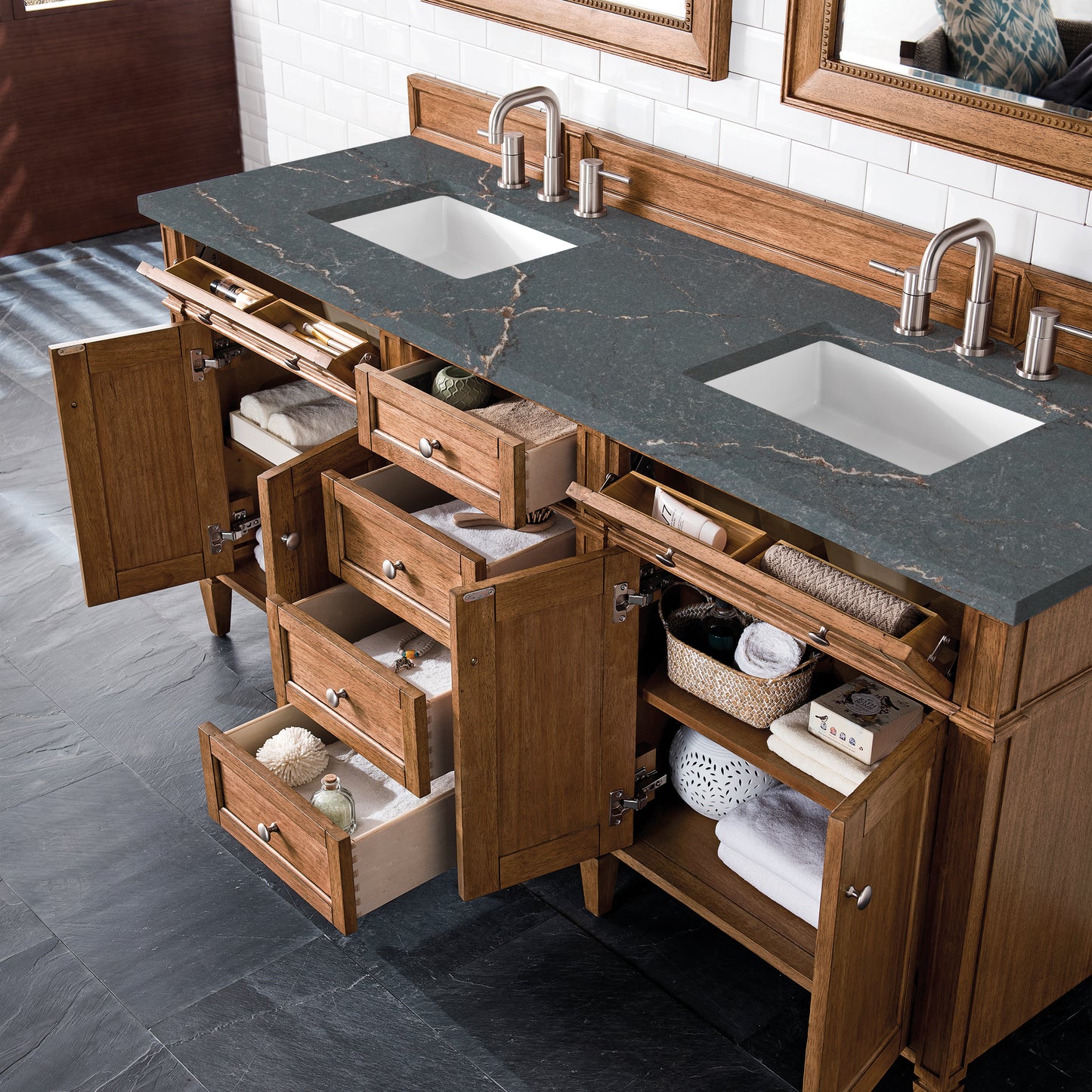 Renovate for Less Atlanta Brittany 72" Double Vanity, Saddle Brown w/ 3 CM Parisien Bleu Silestone Top